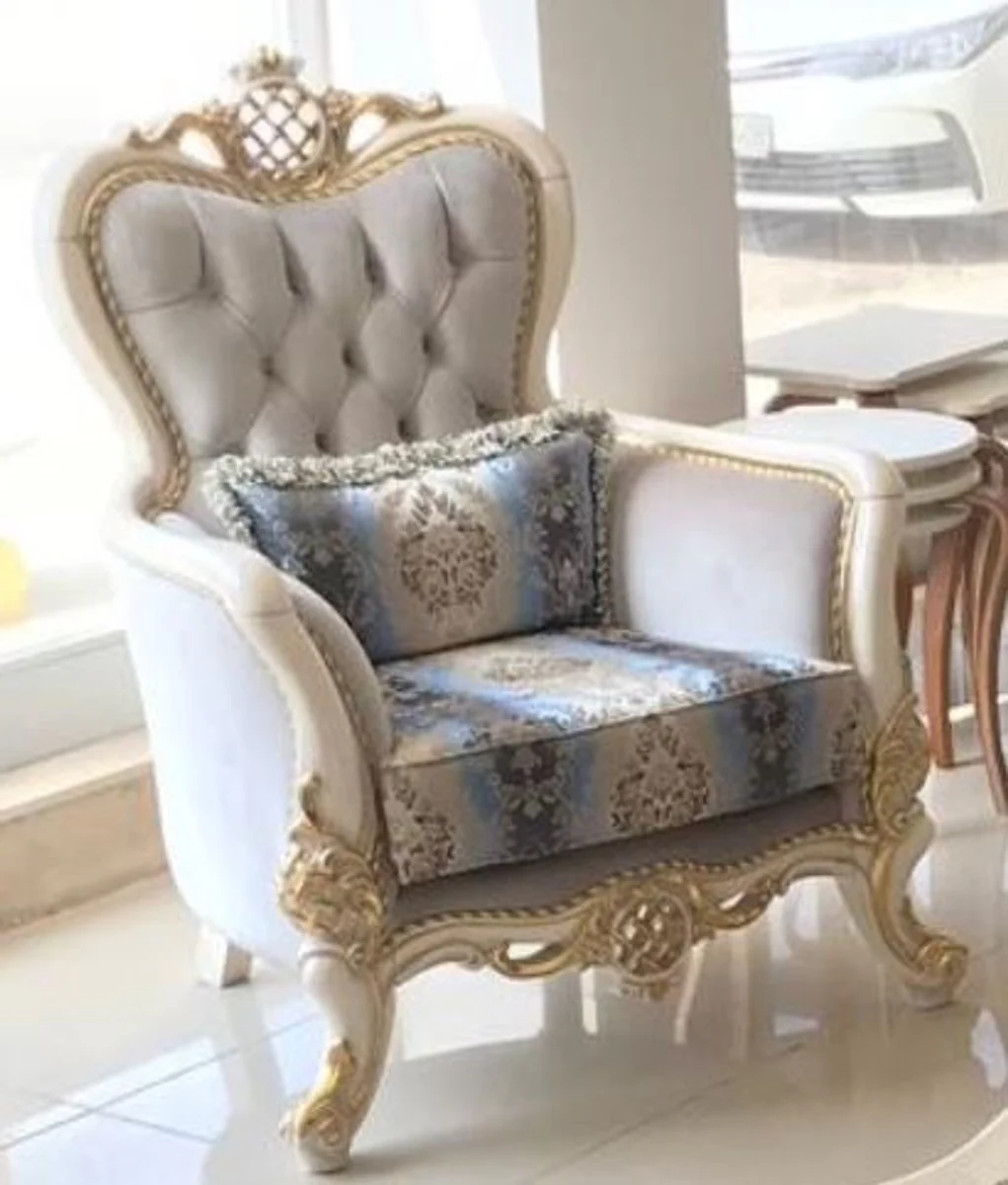 Luxury Baroque Living Room Set Gray / Blue / White / Gold - 2 Sofas & 2 Armchairs & 1 Coffee Table - Living Room Furniture in Baroque Style - Noble & Magnificent