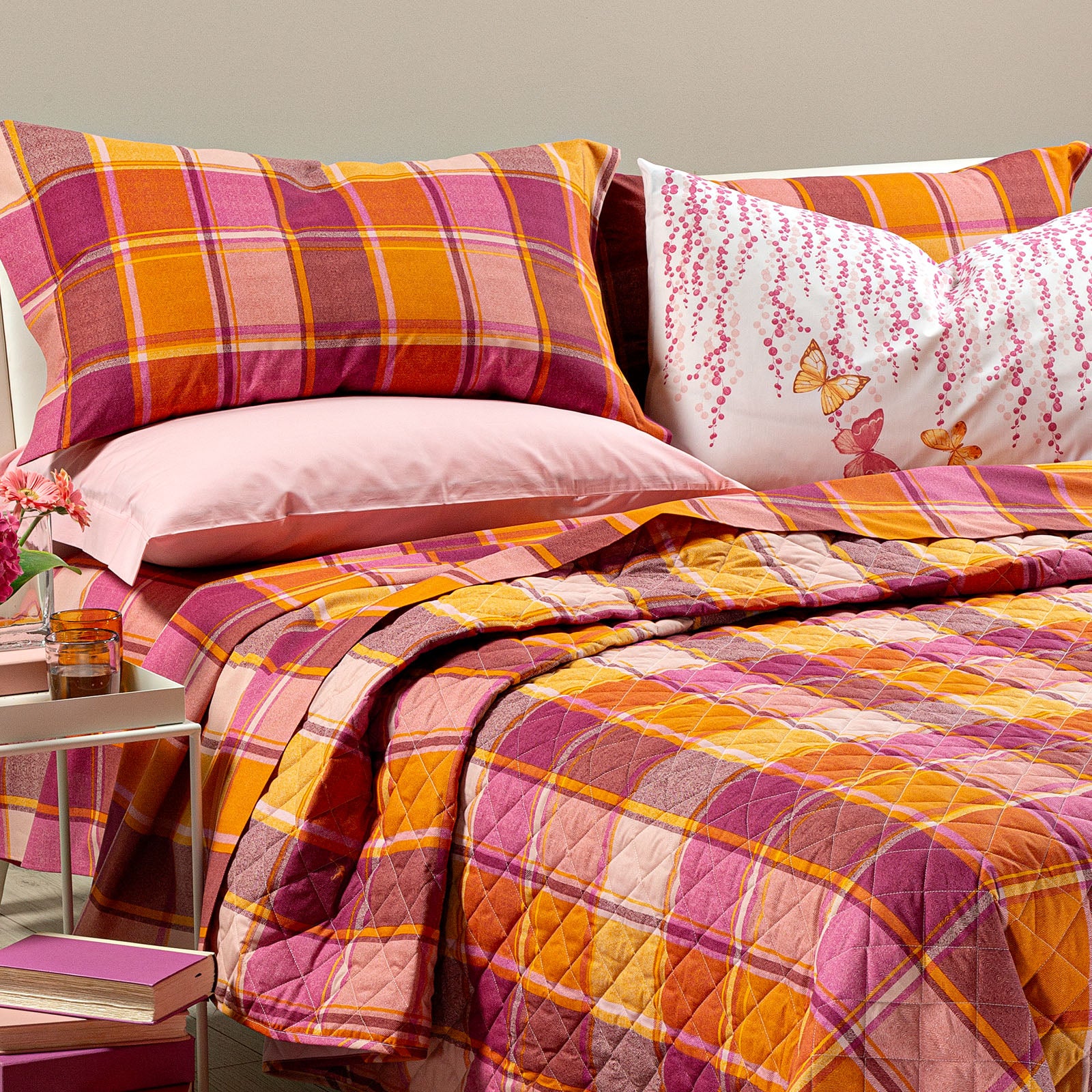 Completo Lenzuola In Cotone Tex Matrimoniale Corallo Caleffi