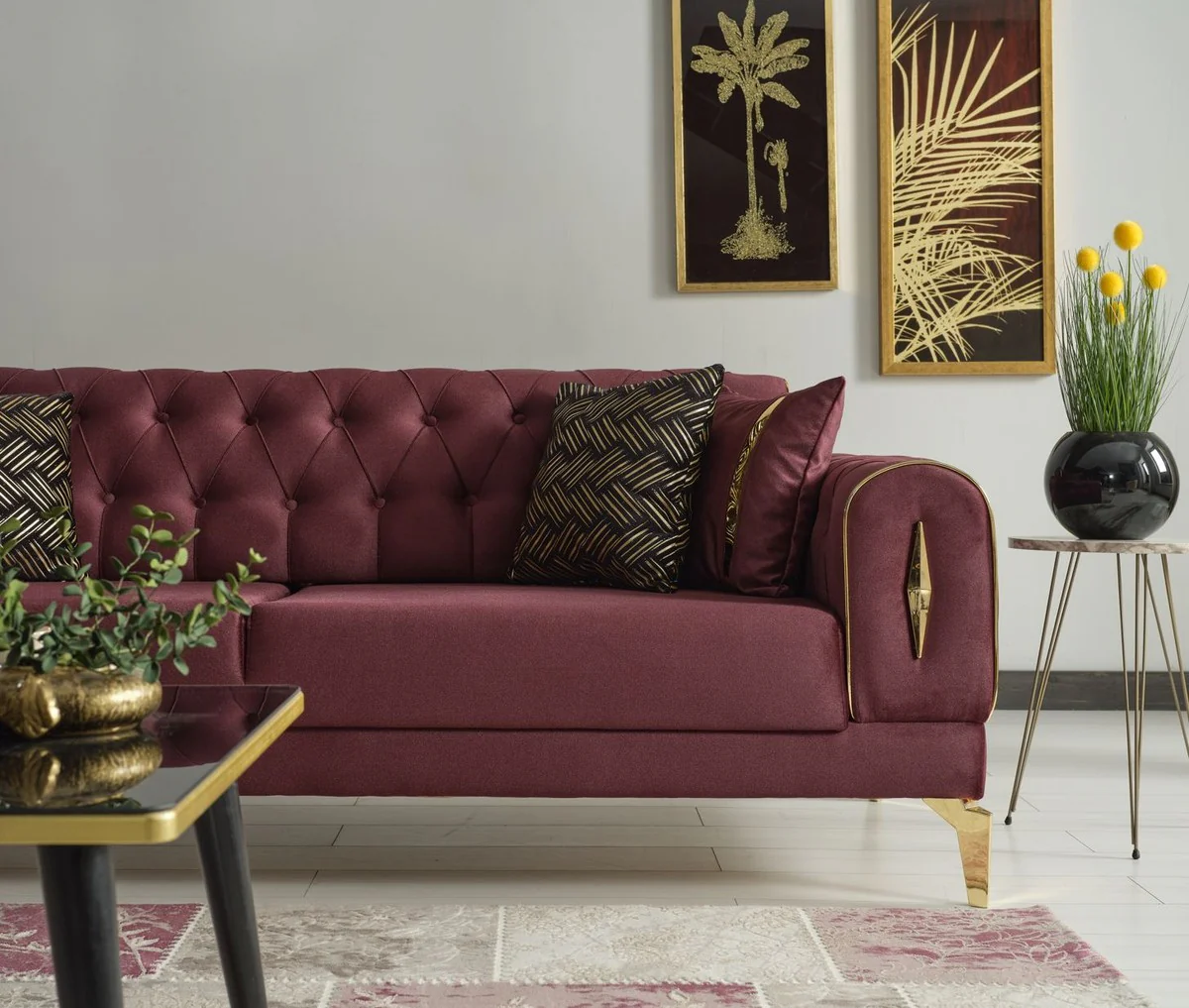 Luxury sofa bed wine red / gold 225 x 95 x H. 83 cm - Living room sofa with 4 cushions - Luxury living room furniture