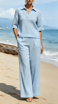 Women's Waffle Knit Polo Collar Wide-Leg Set - Nordfashionstorm - Women's Clothing, Fashion for You - Nordfashionstorm.com