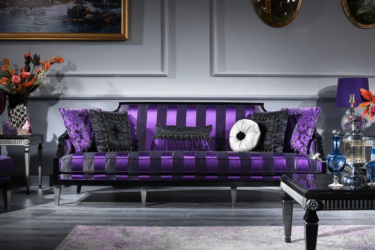 Luxury Baroque Living Room Set Purple / Black / Silver - 2 Sofas & 2 Armchairs & 1 Coffee Table & 2 Side Tables - Baroque Furniture