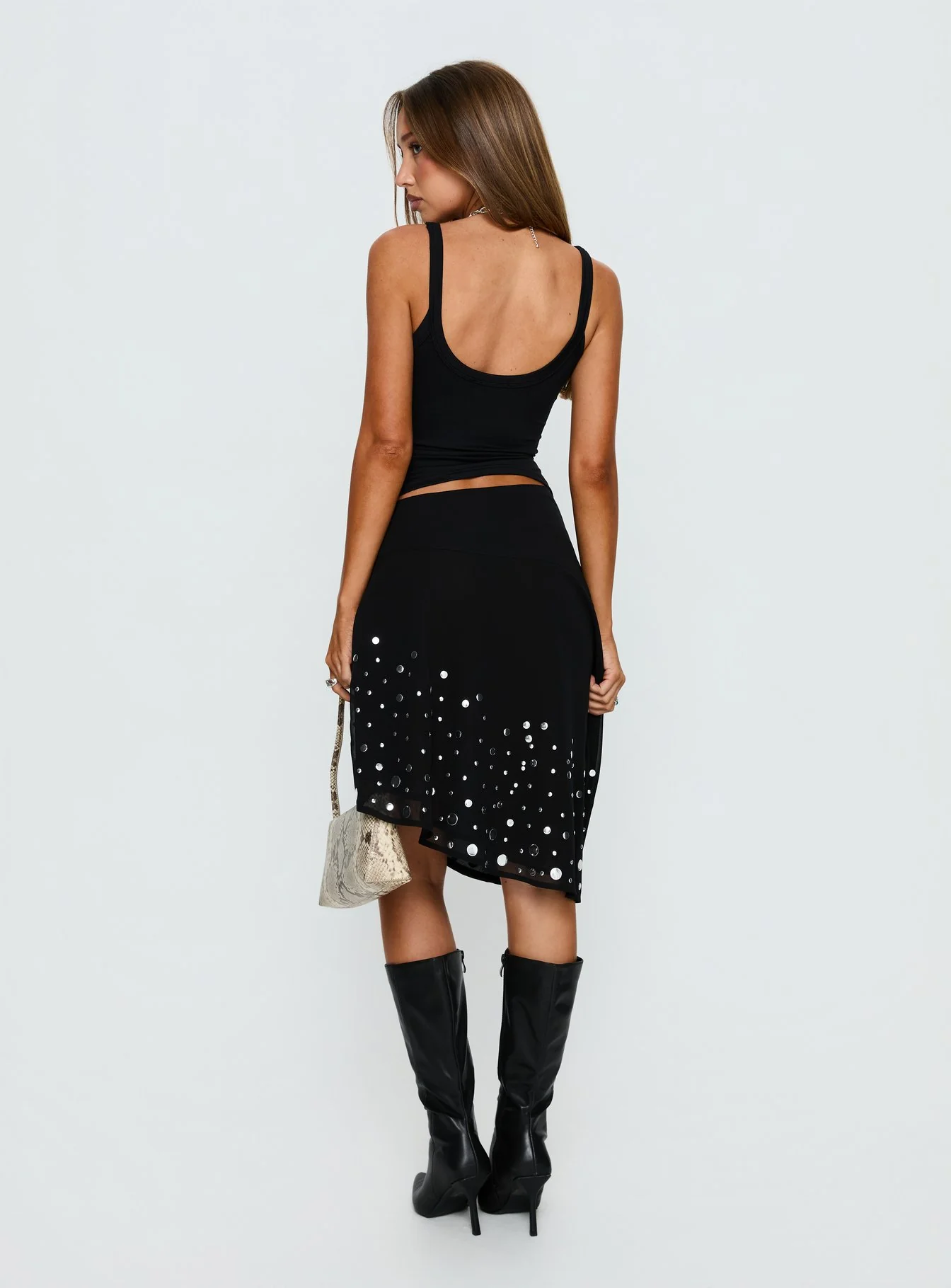 Jezabela Asymmetrical Stud Midi Skirt Black