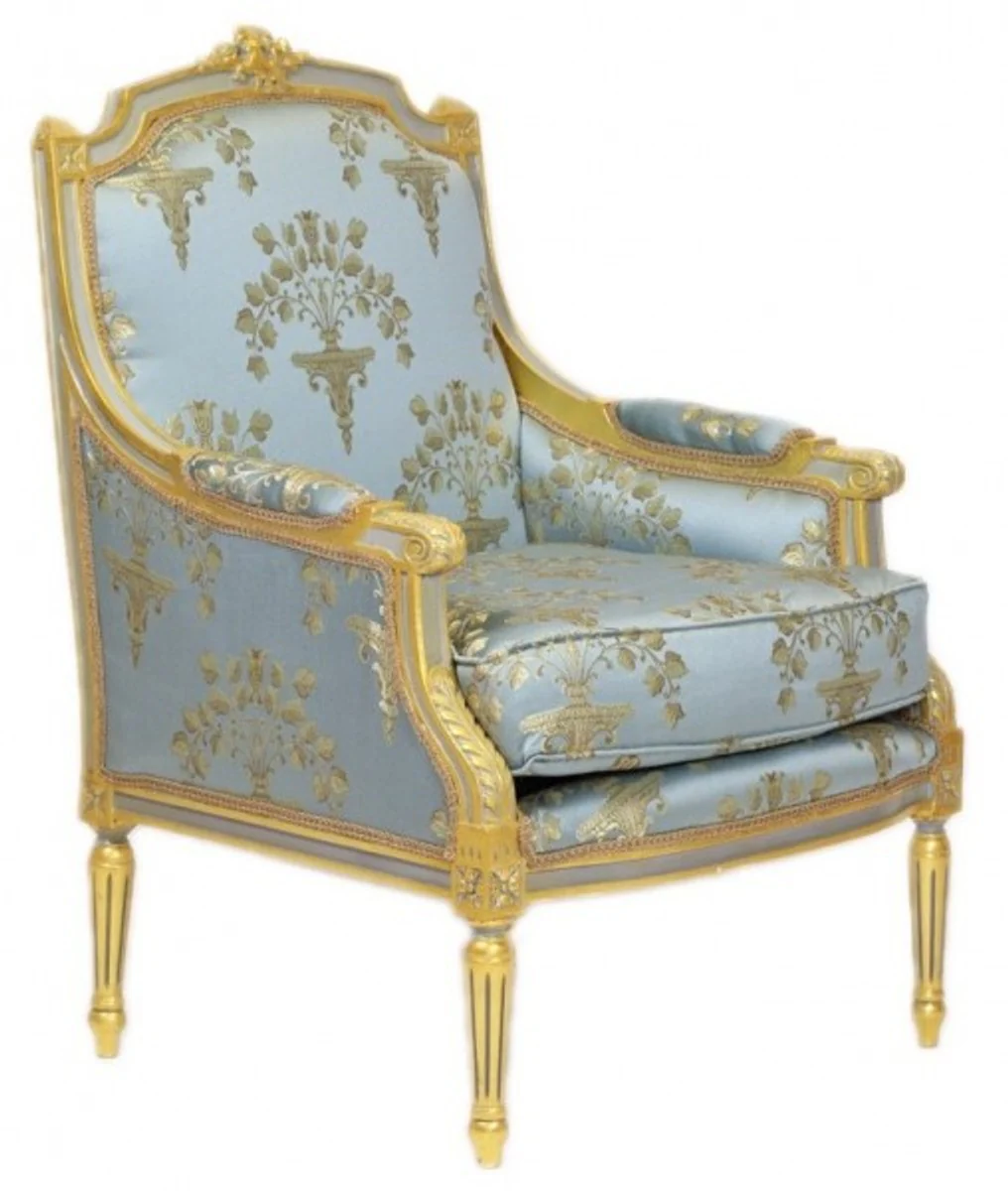Baroque Lounge Throne Chair Empire Blue-Grey Gold Pattern / Gold - Ear Armchair - Wing Chair Tron Chair