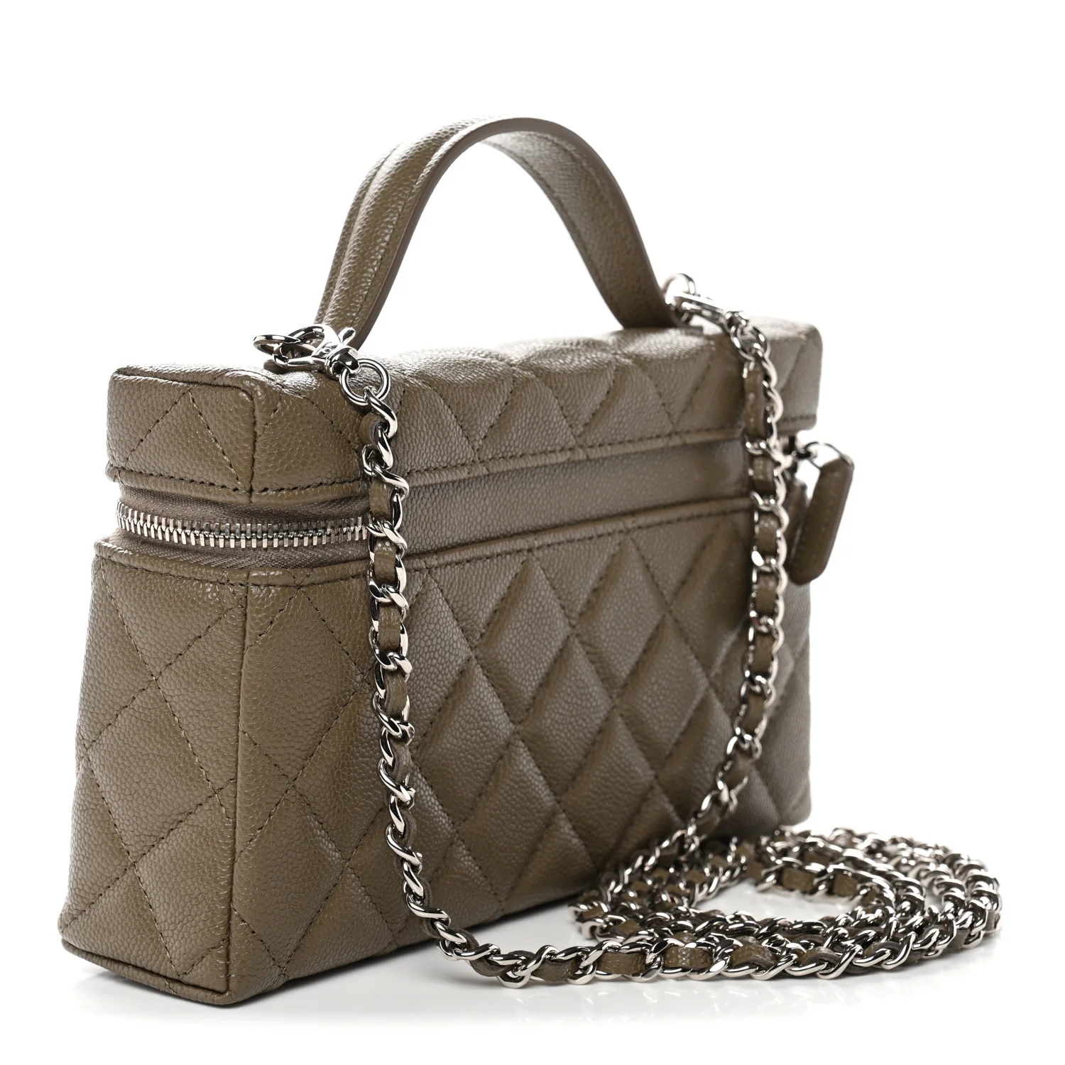 Caviar Quilted Top Handle Slim Vanity With Chain Dark Khaki - Top Club
