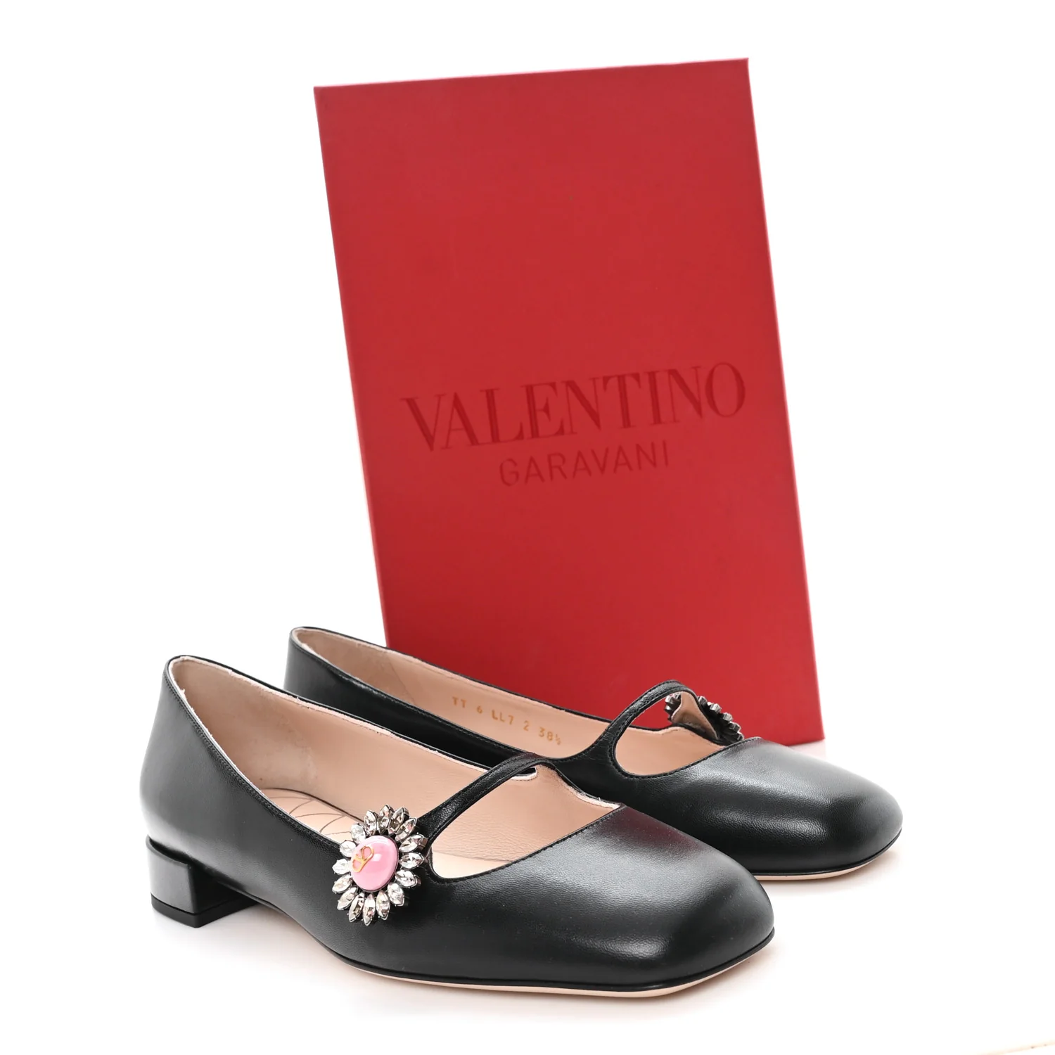 Kidskin Jewel Button Mary Jane Flats  38.5 Black Pink - Top Club