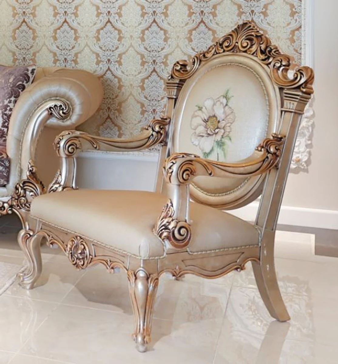 Luxury baroque living room set purple / cream / beige / copper - 2 sofas & 2 armchairs & 1 coffee table with glass top - living room furniture in baroque style - noble and magnificent