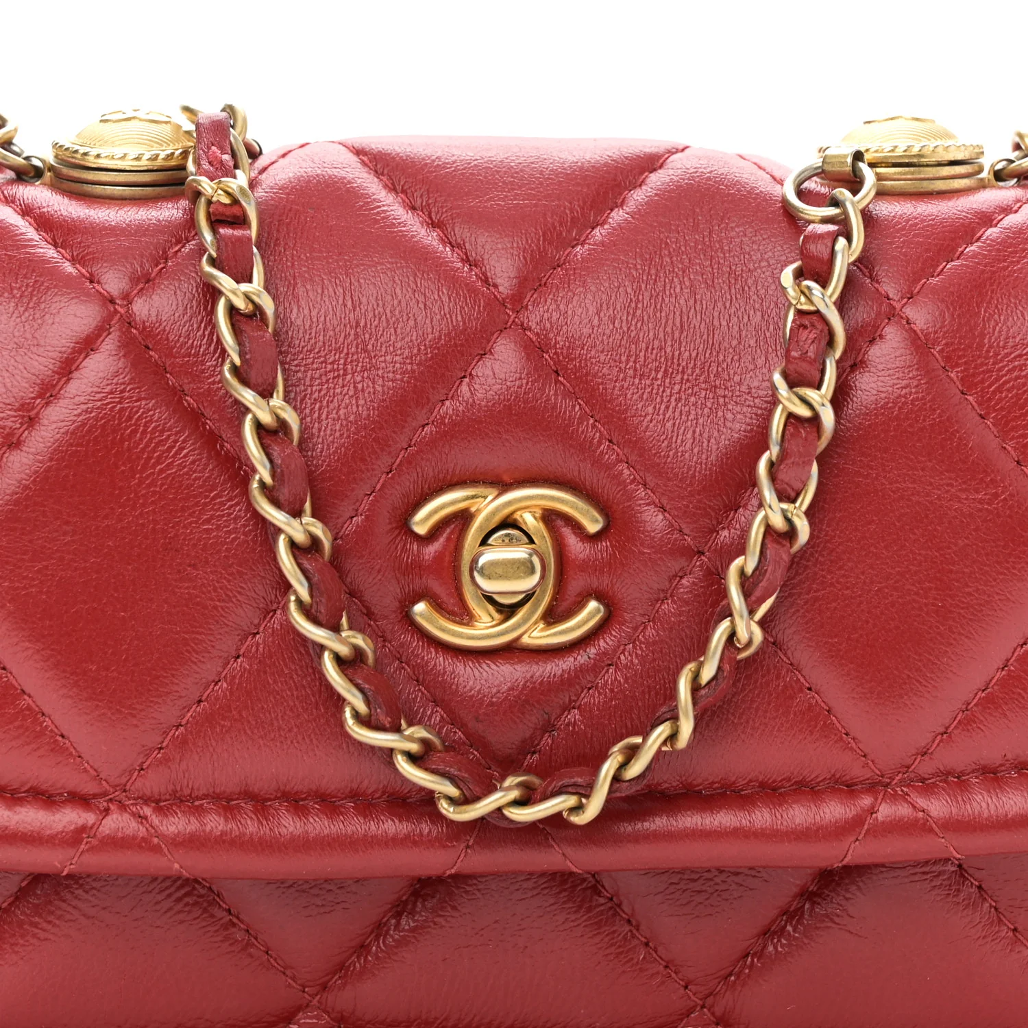 Shiny Lambskin Quilted Extra Mini Flap Red - Top Club