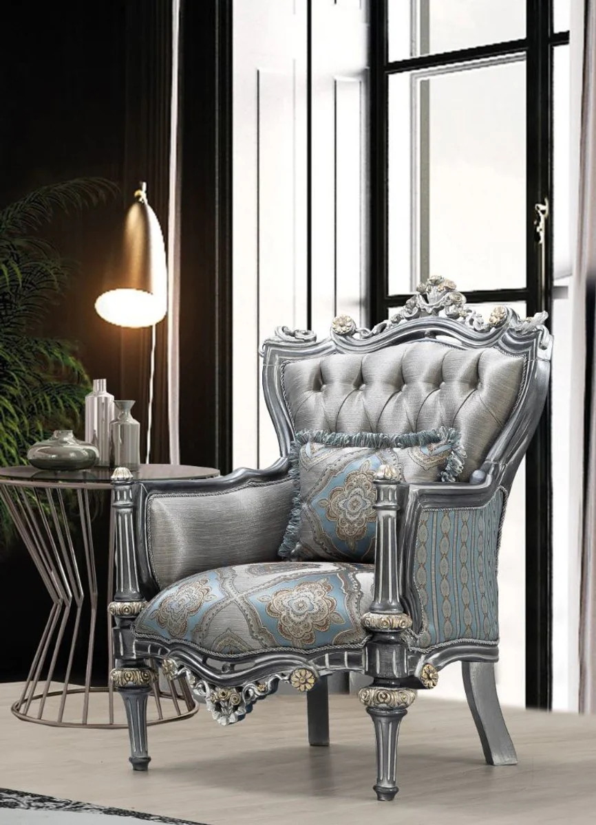 Luxury baroque living room set silver / turquoise / gold - 2 sofas & 2 armchairs & 1 coffee table - living room furniture in baroque style - noble & magnificent