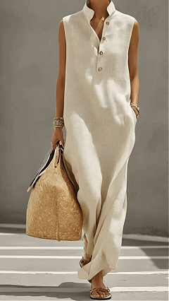 Loose-fitting stand-up collar button-down sleeveless long resort-style shirt dress - Nordfashionstorm - Women's Clothing, Fashion for You - Nordfashionstorm.com