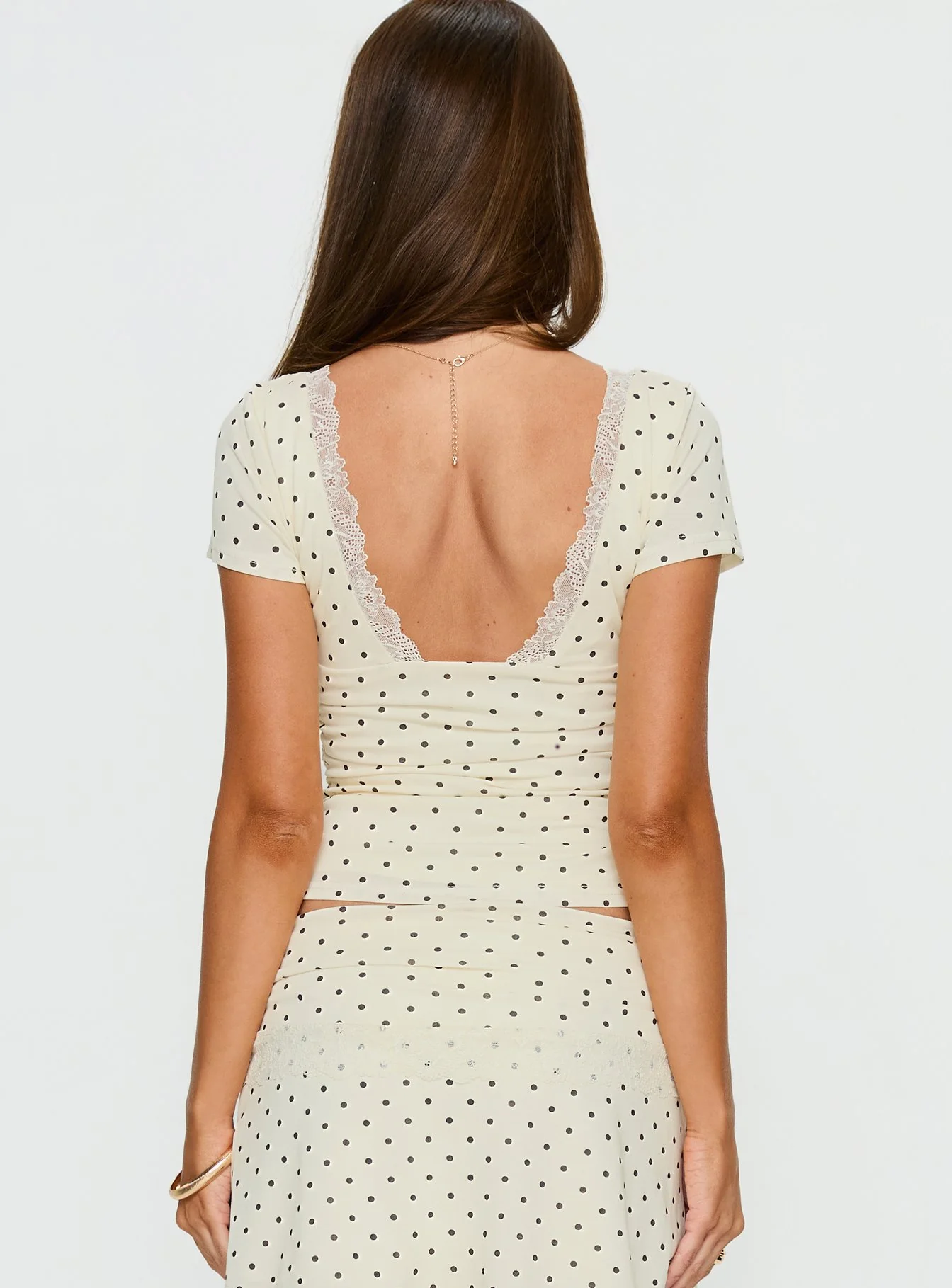 Amia Lace V Neck Top Cream Polka Dot