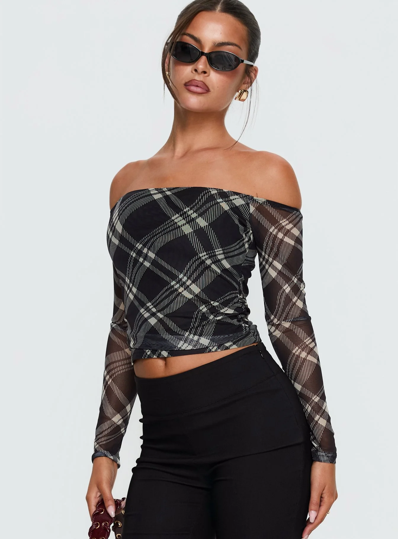 Siarah Off Shoulder Long Sleeve Top Multi Check