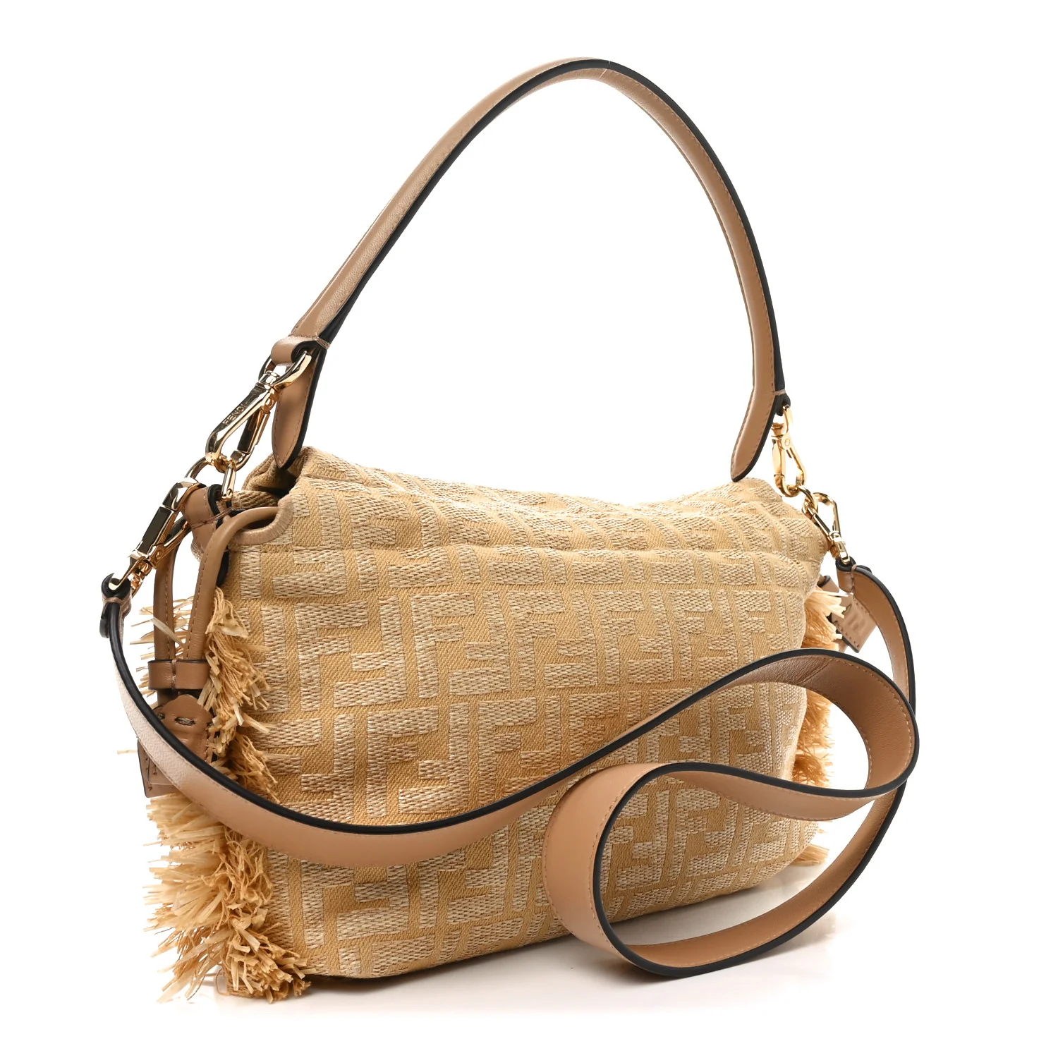 Fabric Jacquard Raffia Straw Fringe Medium Mamma Baguette Beige - Top Club