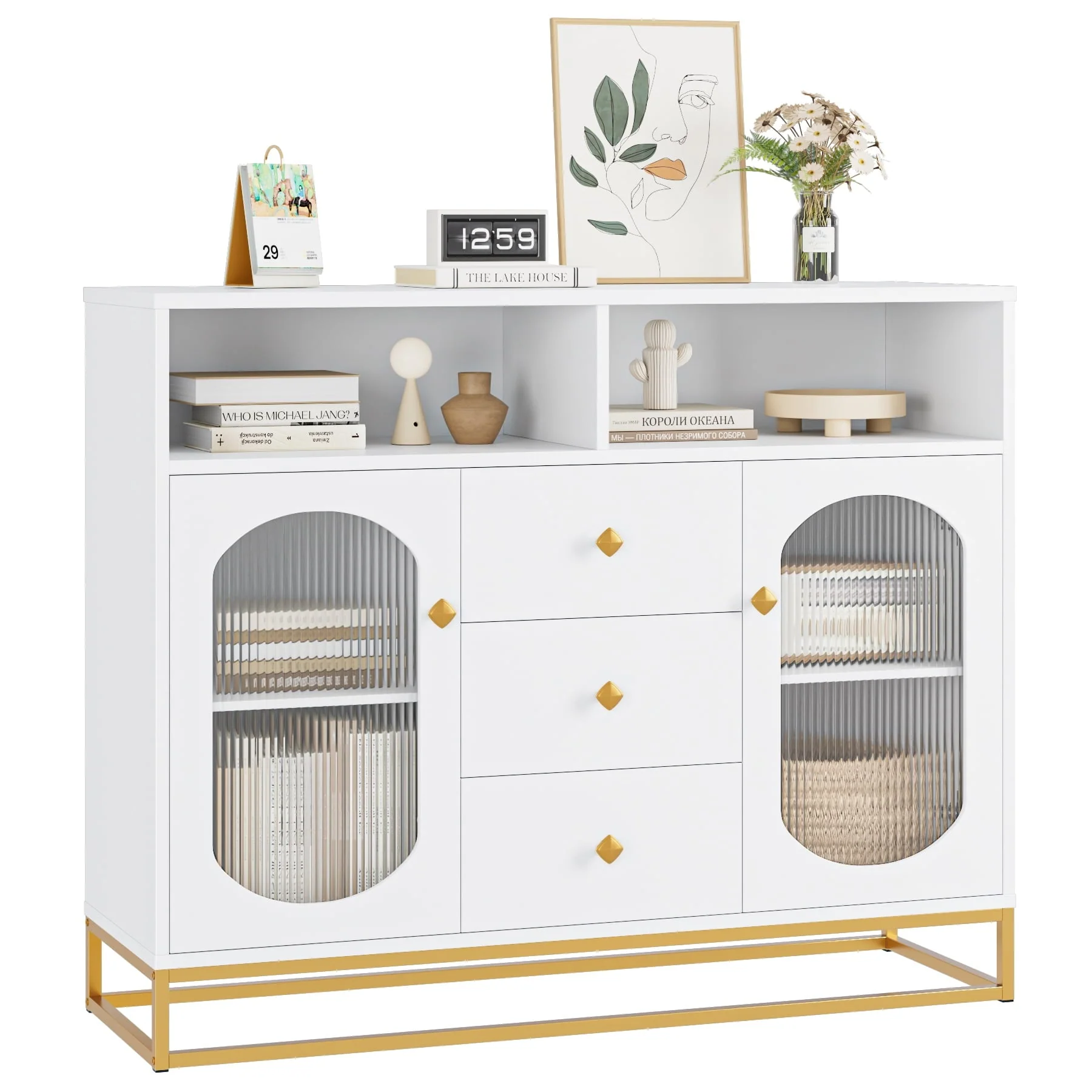 Homfa 47.2'' Sideboard Storage Cabinet, 3 Drawers Buffet Cabinet with Glass Doors for Kitchen Dining Room, White