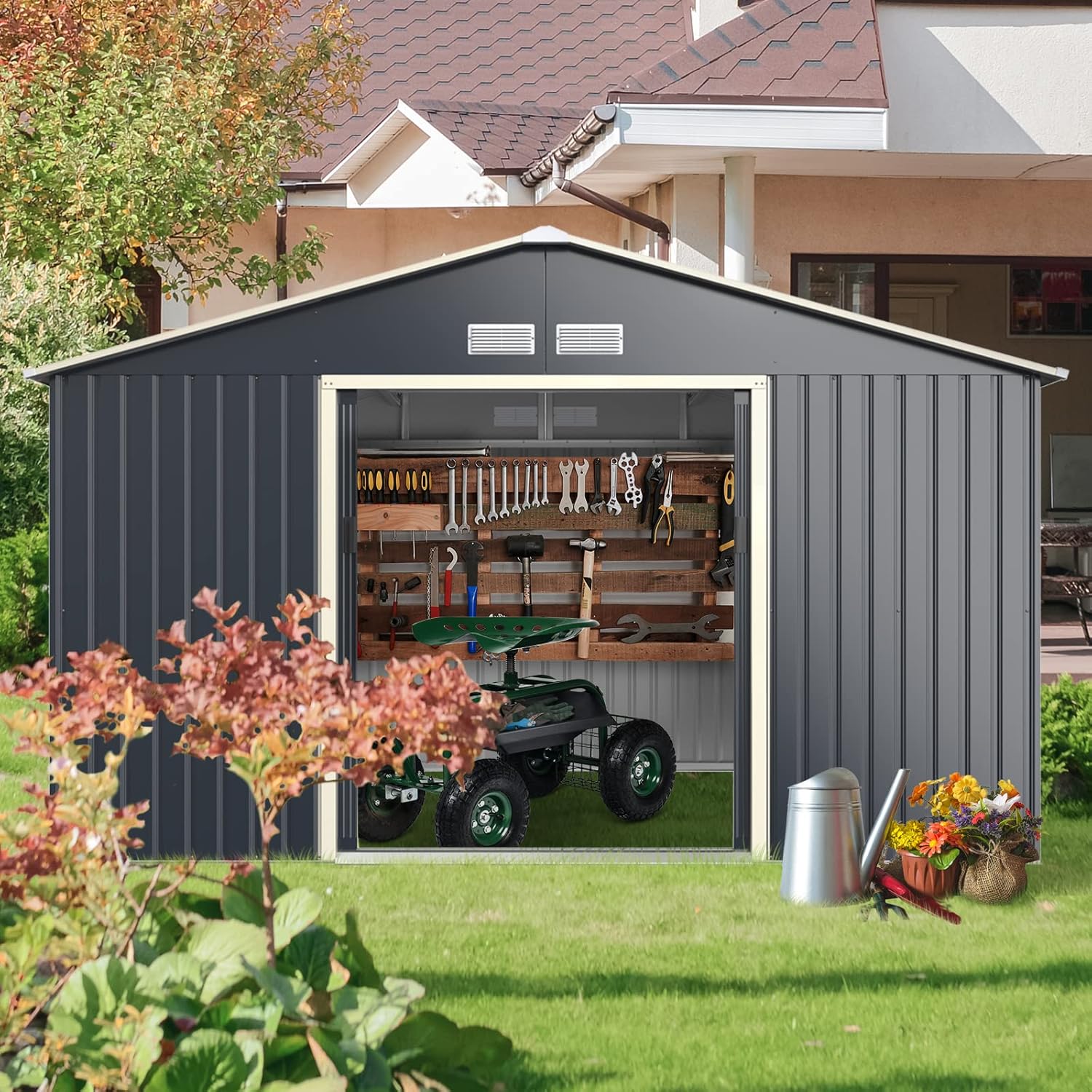 HOMASIS Casetta da Giardino in Metallo, Casetta Porta Attrezzi da Giardino con 2 Finestre di Ventilazione e 2 Porte Scorrevoli, Capanno da Giardino con Tetto a Falde, Grigio, 340 x 255 x 210cm