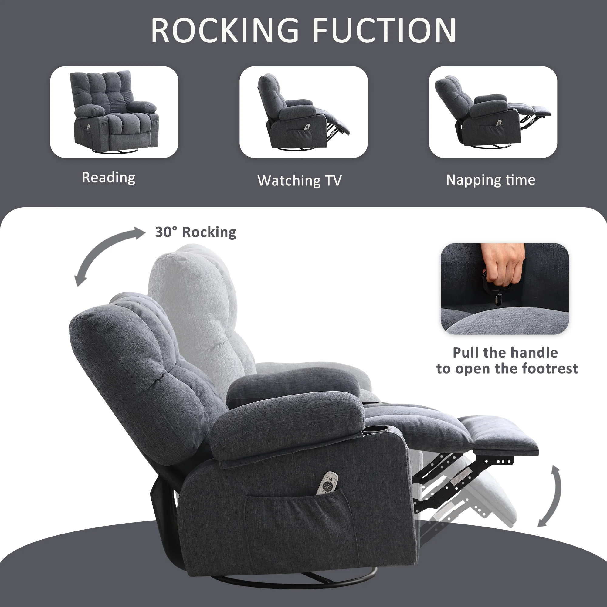 JONPONY Manual Recliner Chair with Heat Therapy and Massage Function, Heavy Duty Reclining Mechanism Massage Chair, Elderly Single Rocker Sofa with Cup Holders for Bedroom Home Theater, Grey