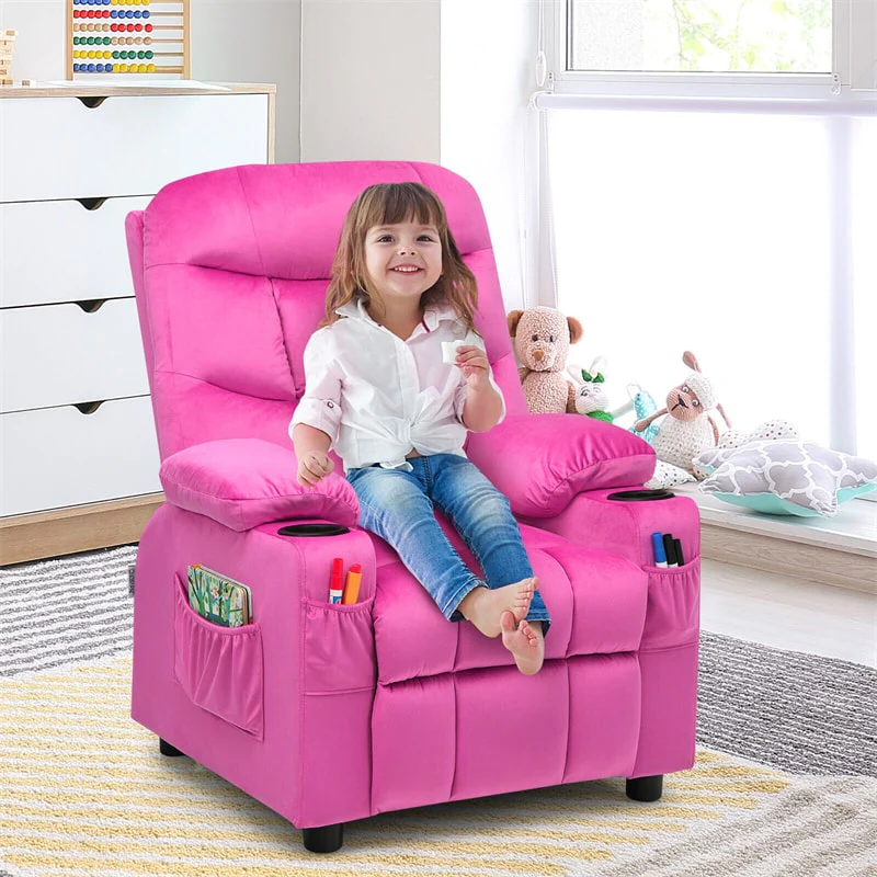 Kids Recliner Chair Adjustable Velvet Lounge Sofa with Cup Holders, 3 Pockets, Retractable Footrest, Toddler Furniture Sofa for Boys Girls Room