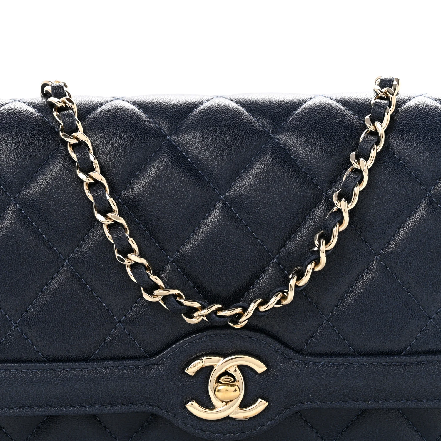 Lambskin Quilted Hold The Line Wallet On Chain WOC Dark Blue - Top Club