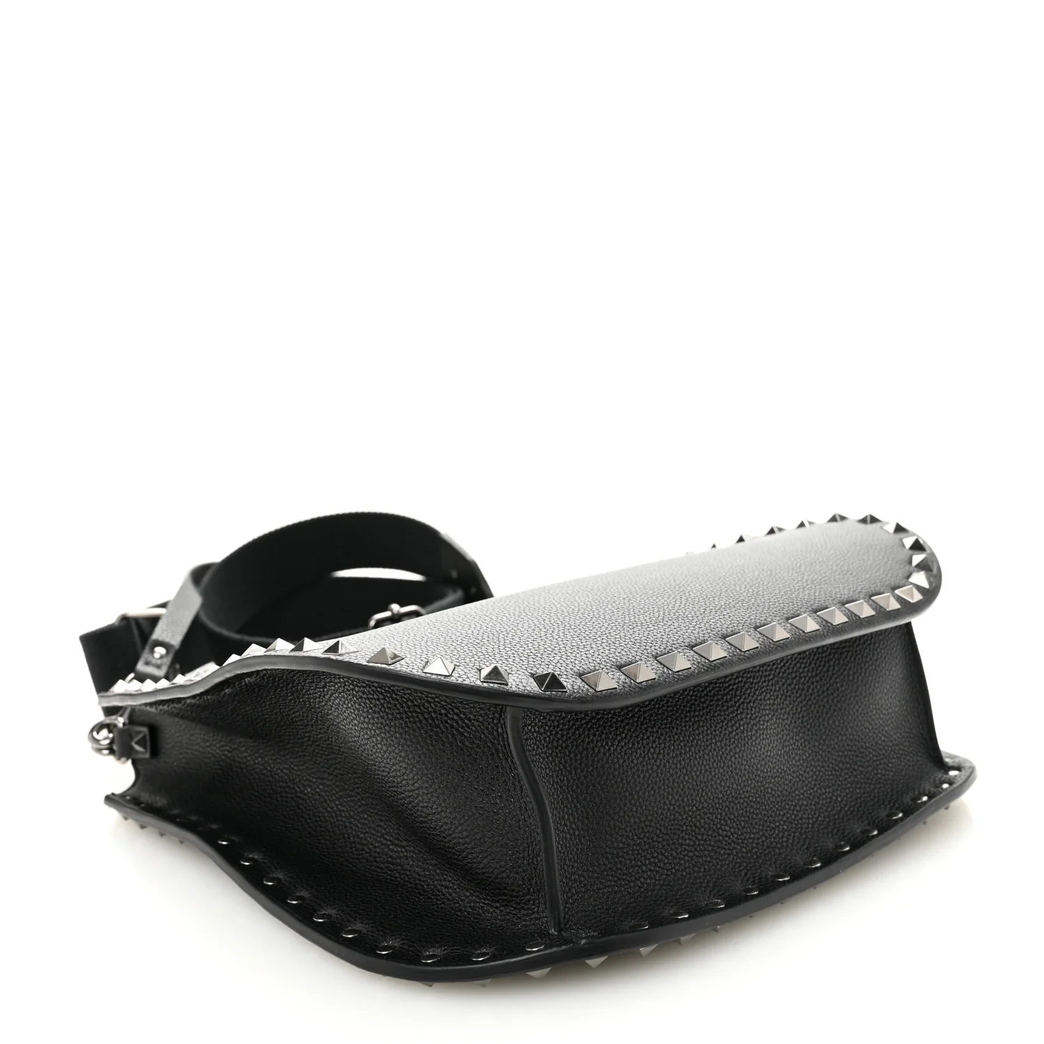 Grained Calfskin Rockstud Hobo Shoulder Bag Black - Top Club