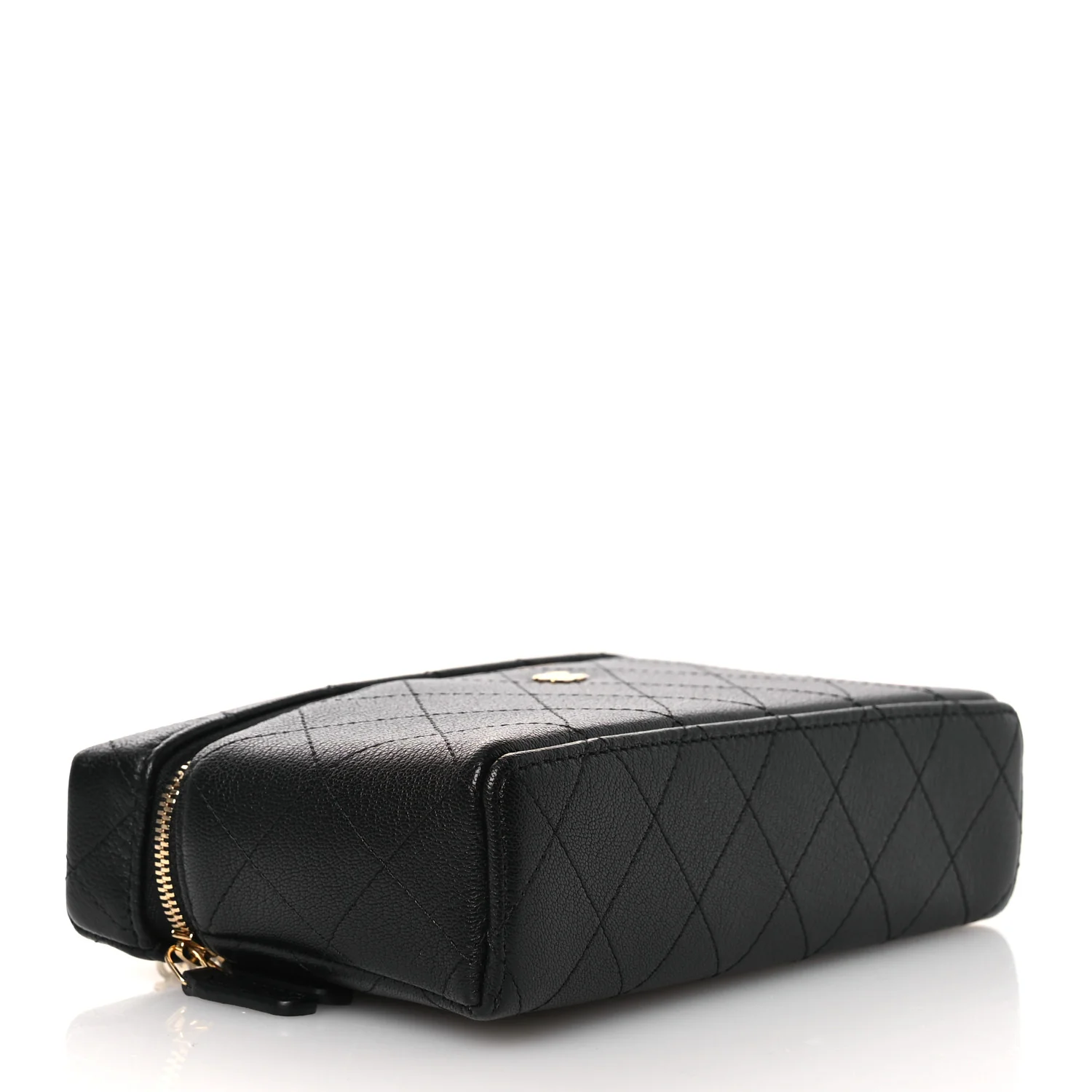 Goatskin Stitched Top Handle Slim Vanity With Chain Black - Top Club
