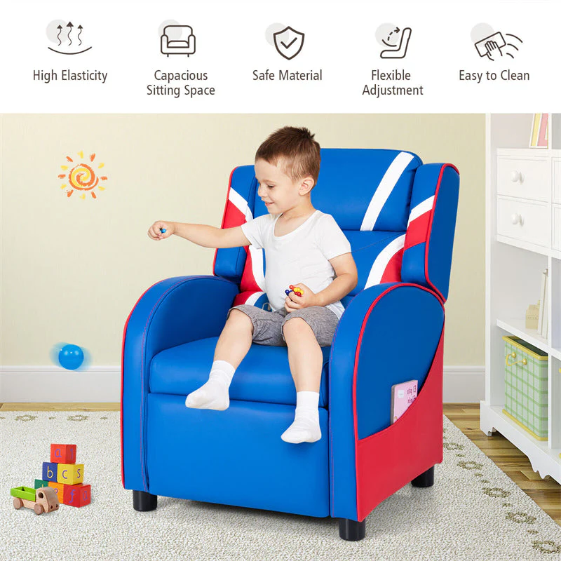 Kids Recliner Chair, Adjustable PU Leather Gaming Sofa with Footrest, Lumbar Support & Side Pockets, Ergonomic Children Lounge Armchair