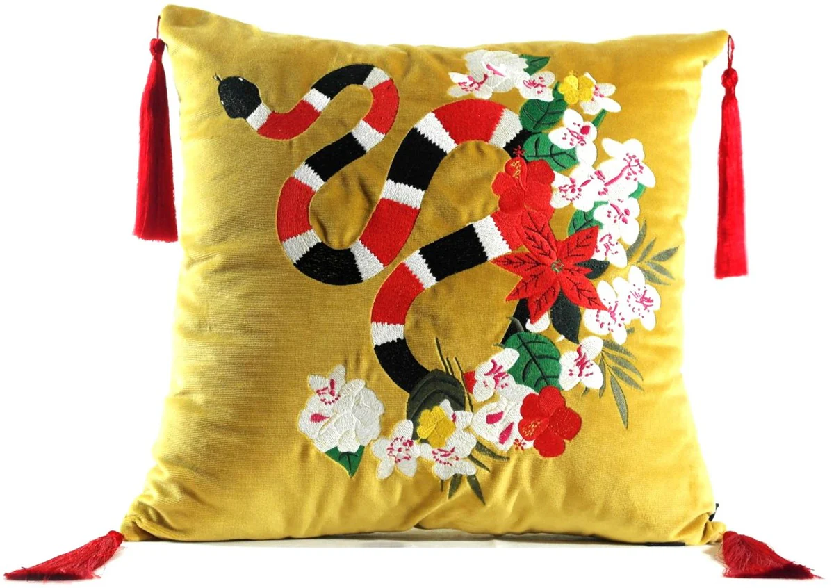 Luxury decorative cushion with tassels snake yellow / multicolored 45 x 45 cm - finest velvet fabric - luxury quality