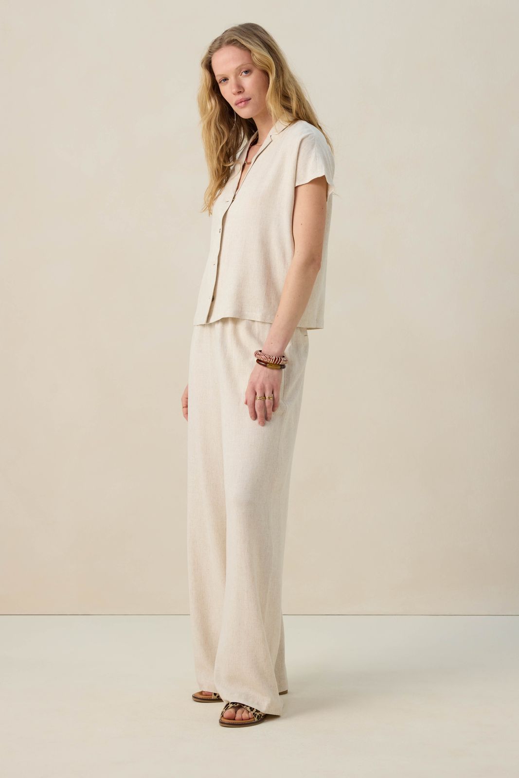 Beige linnen high waist wide leg broek