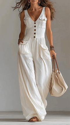 Women's Solid-Color Loose-Fit Casual Jumpsuit with Buttons and Side Pockets - Nordfashionstorm - Women's Clothing, Fashion for You - Nordfashionstorm.com