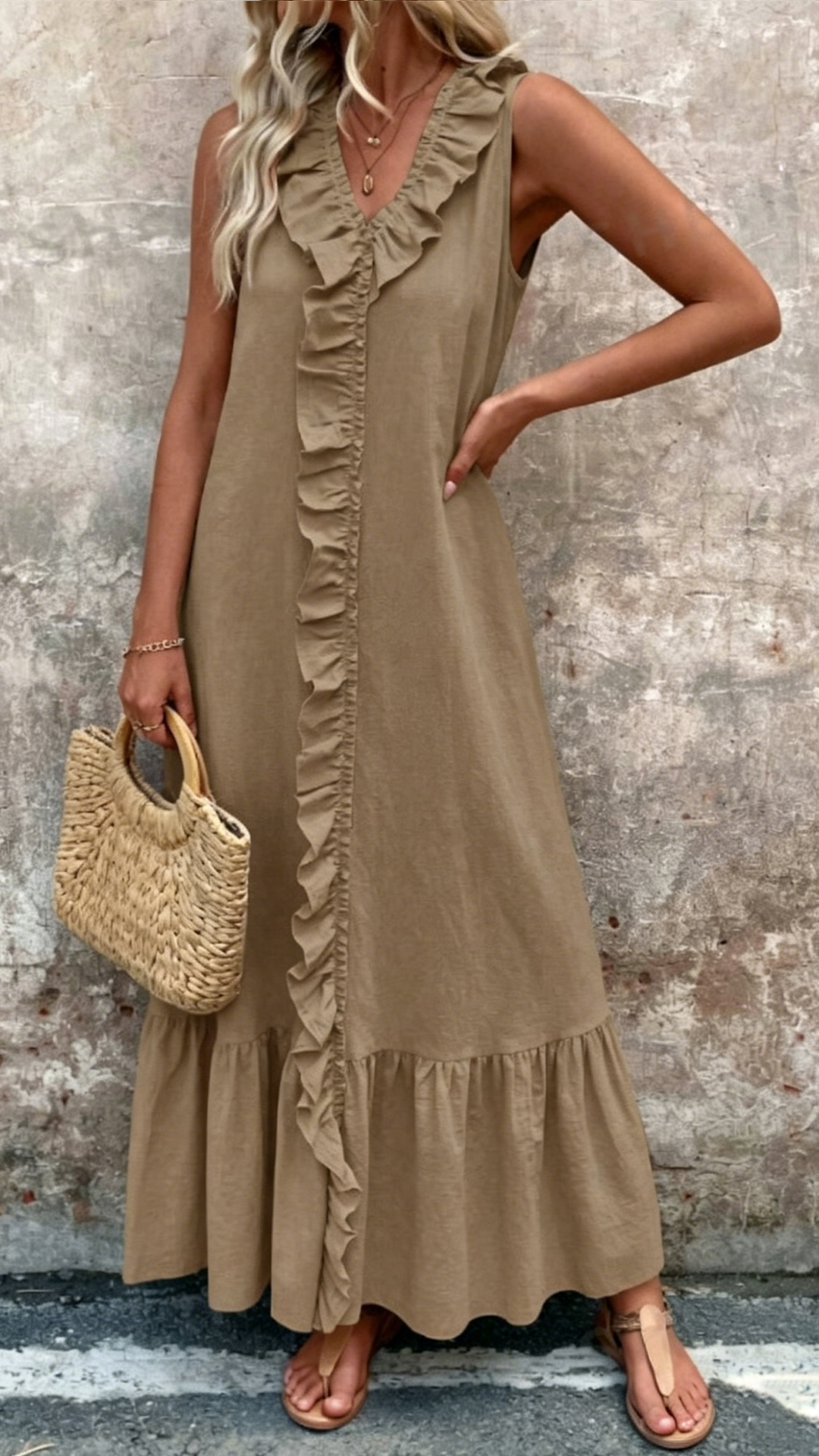 Women's Cotton-Blend Textured Sleeveless Ruffle Maxi Dress - Nordfashionstorm - Women's Clothing, Fashion for You - Nordfashionstorm.com