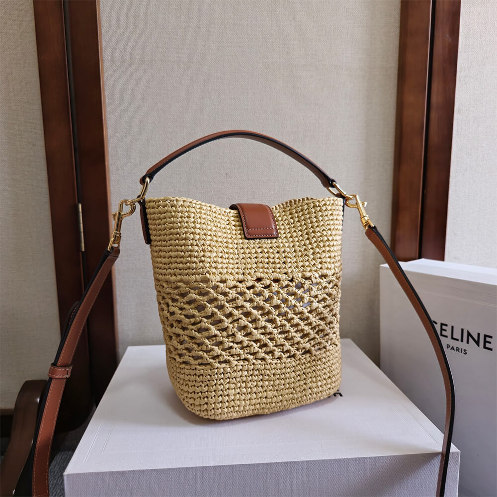 CELINE SMALL LOUISE BUCKET IN RAFFIA AND CALFSKIN(HIGH-END GRADE) - Top Club