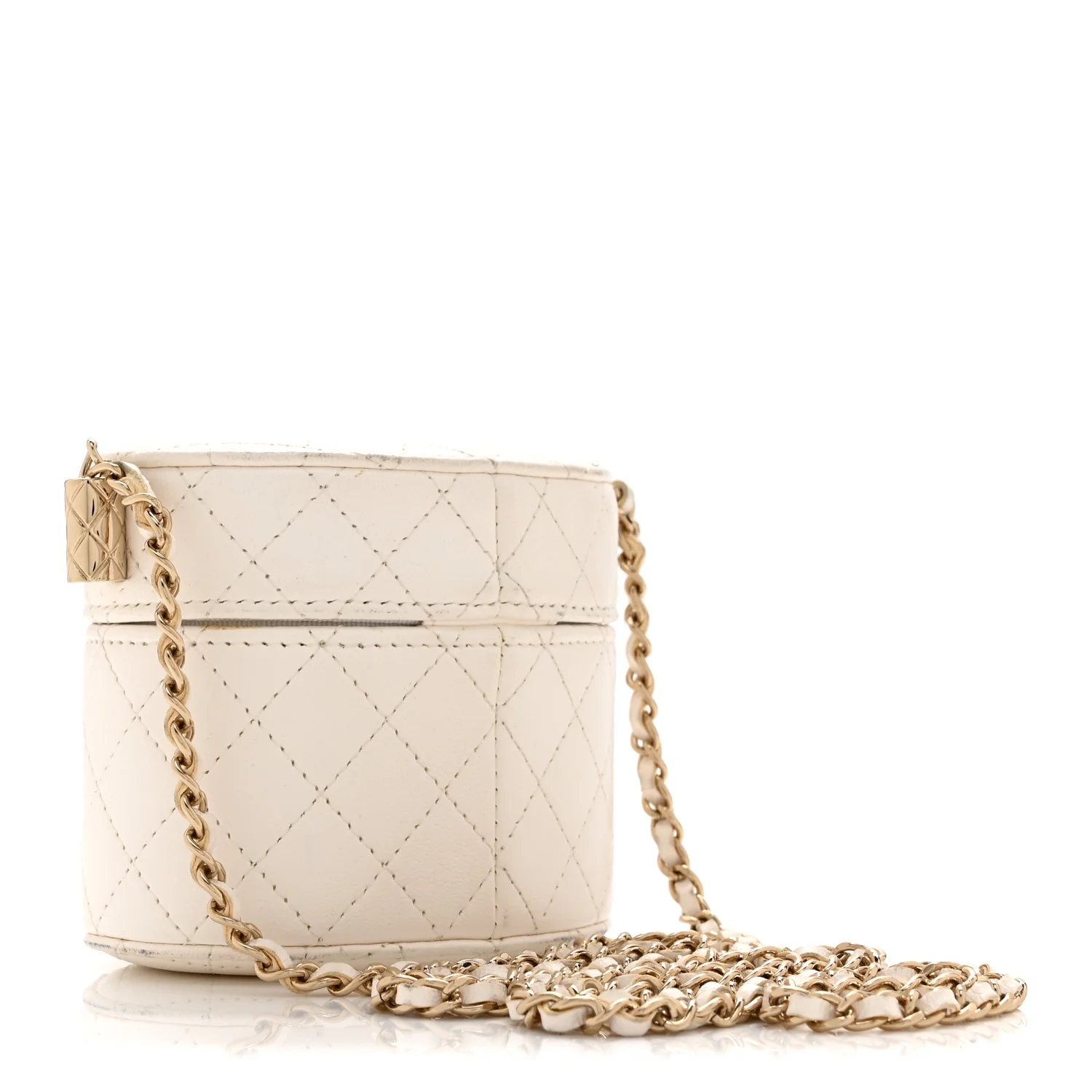 Lambskin Quilted Round Mini Vanity Case With Chain Case With Chain White - Top Club