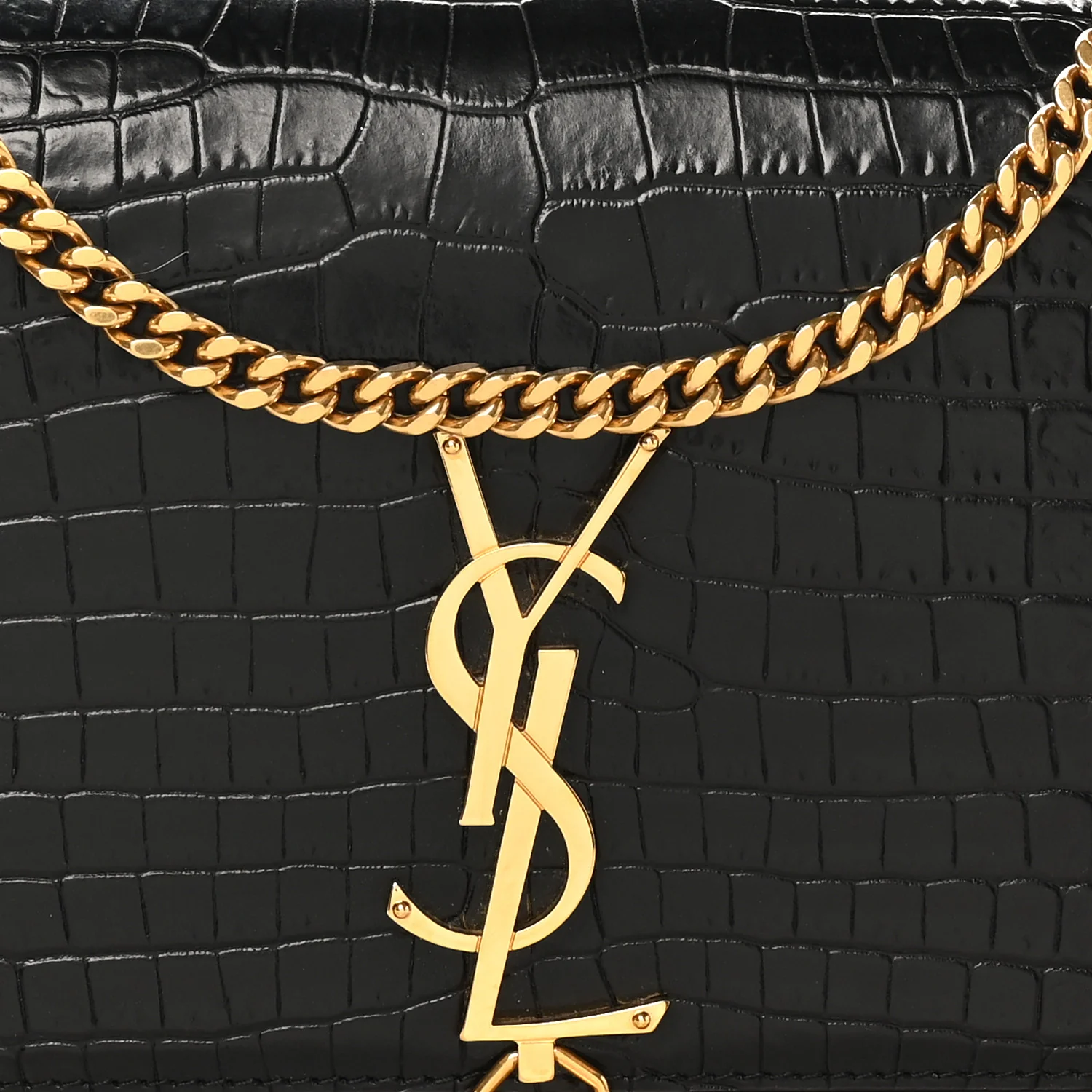 Calfskin Crocodile Embossed Medium Classic Monogram Kate Tassel Satchel Black - Top Club