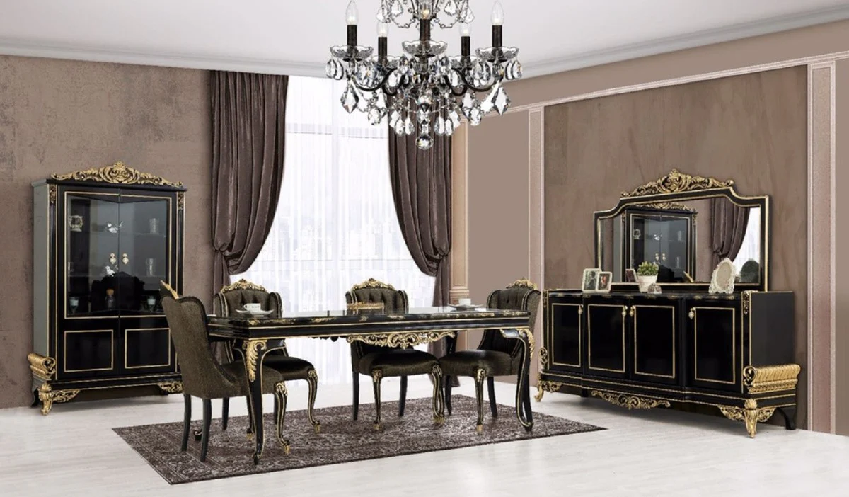 Luxury baroque dining table black / gold - noble solid wood dining room table - baroque dining room furniture