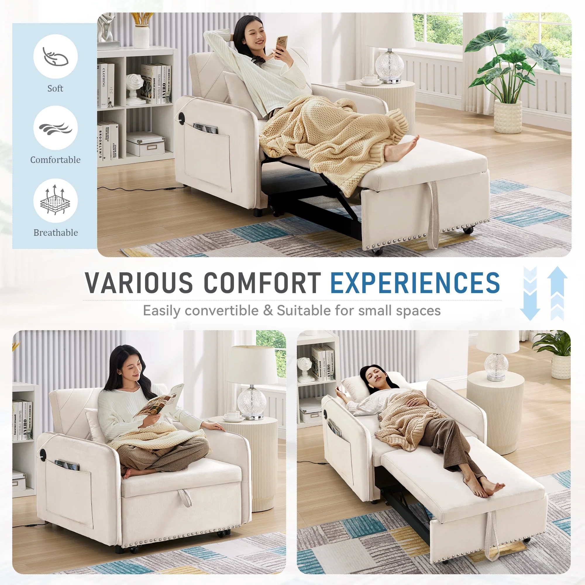Lunale 3 - in - 1 Convertible Sleeper Chair Bed, Indoor Lounge Chair with USB/Type - C Charging Ports, Modern Recliner Sofa for Living Room, Gray Velvet
