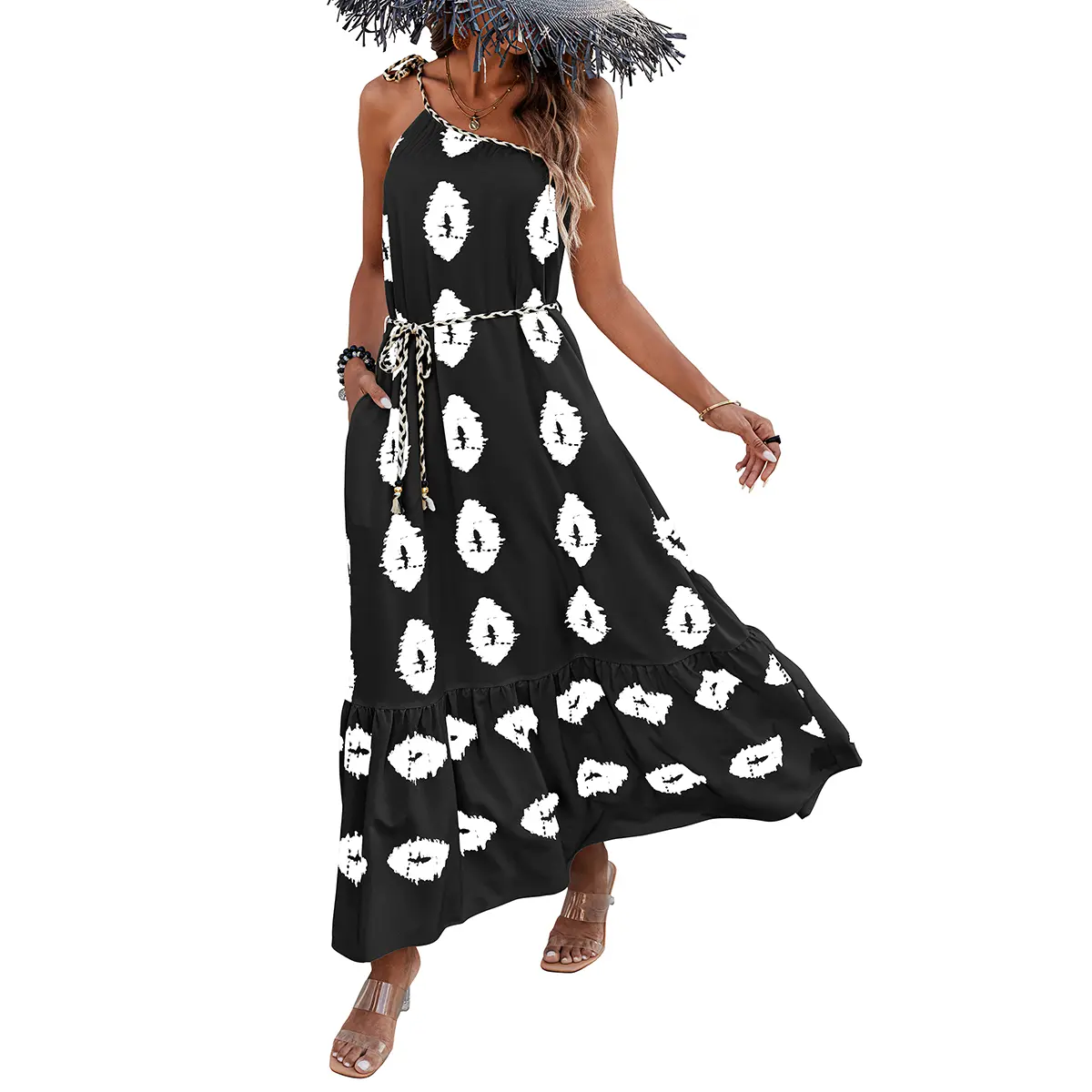 PrettyGarden Women's One Shoulder Spaghetti Strap Printed A Line Flowy Boho Maxi Long Sundress