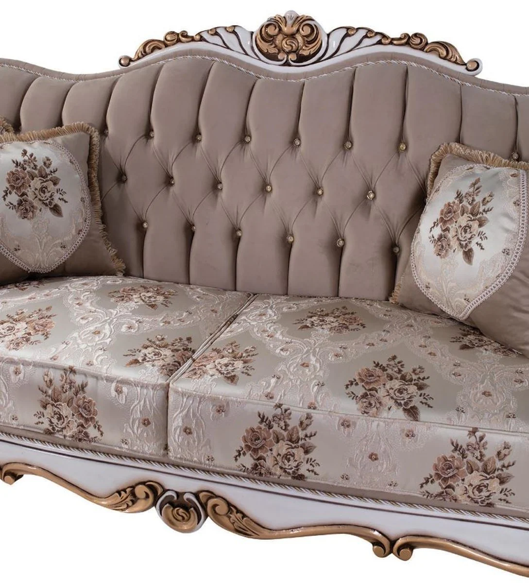 Luxury baroque sofa with cushions gray / multicolored / white / bronze 232 x 87 x H. 101 cm - living room couch with floral pattern and beautiful decorations