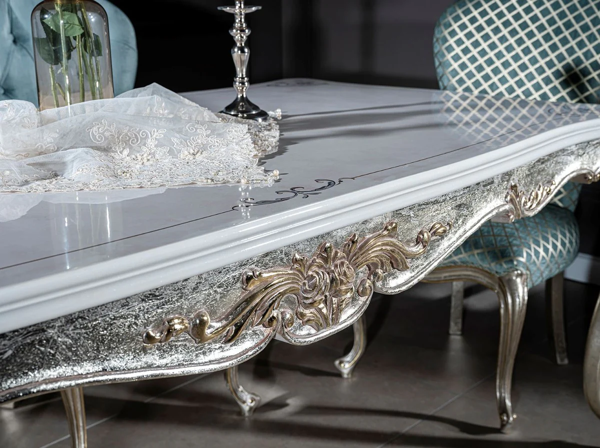 Luxury baroque dining table white / silver / gold 207 x 112 x H. 82 cm - solid wood dining room table - noble baroque dining room furniture
