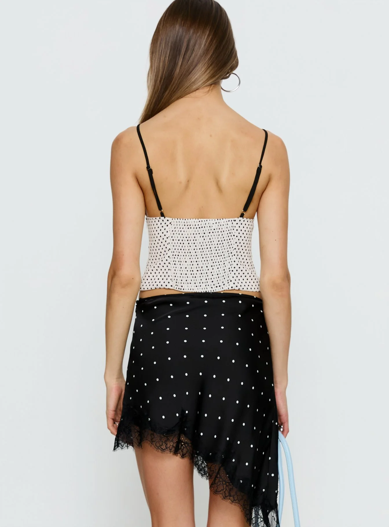 Idette Lace Asymmetrical Mini Skirt Black Polka Dot
