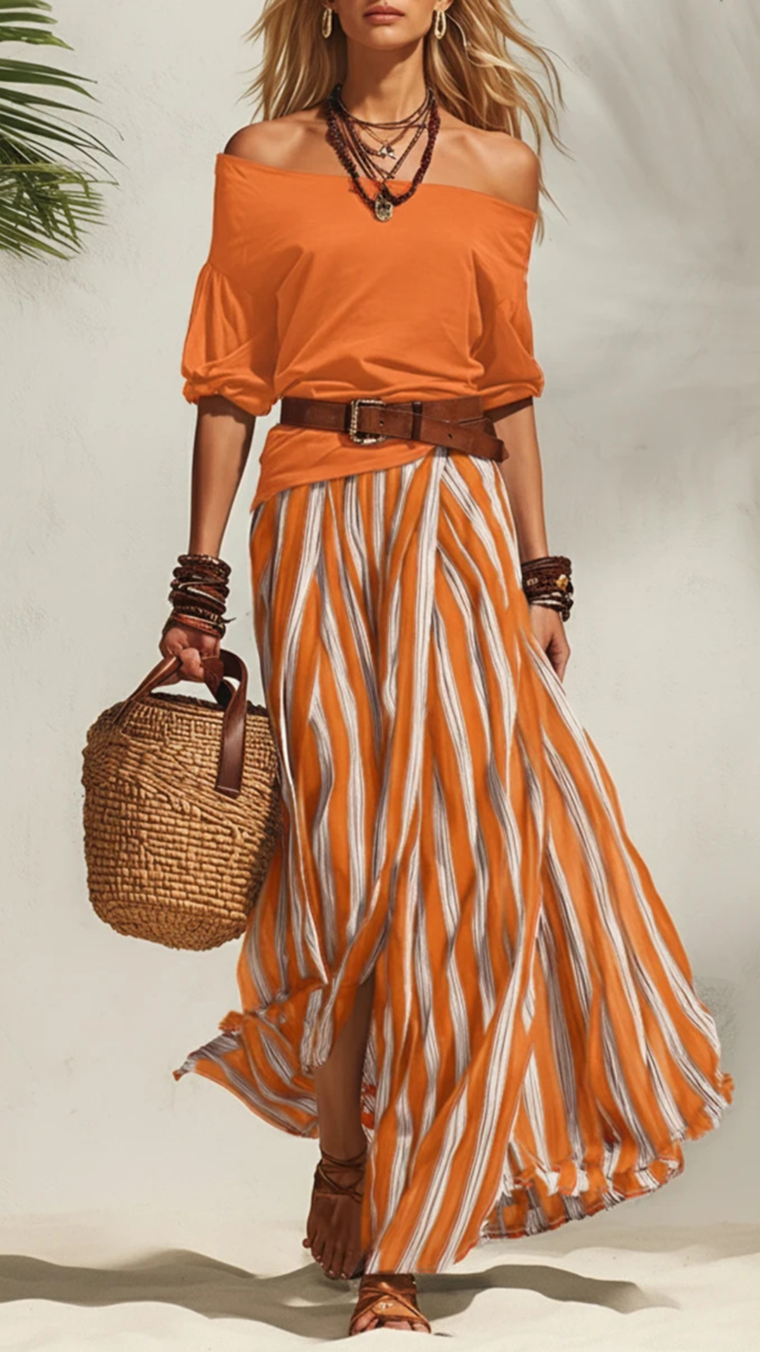 Women's Cotton‑blend Off‑the‑shoulder Mid‑sleeve Top & Blue‑white Striped Slit Maxi Skirt Set - Nordfashionstorm - Women's Clothing, Fashion for You - Nordfashionstorm.com