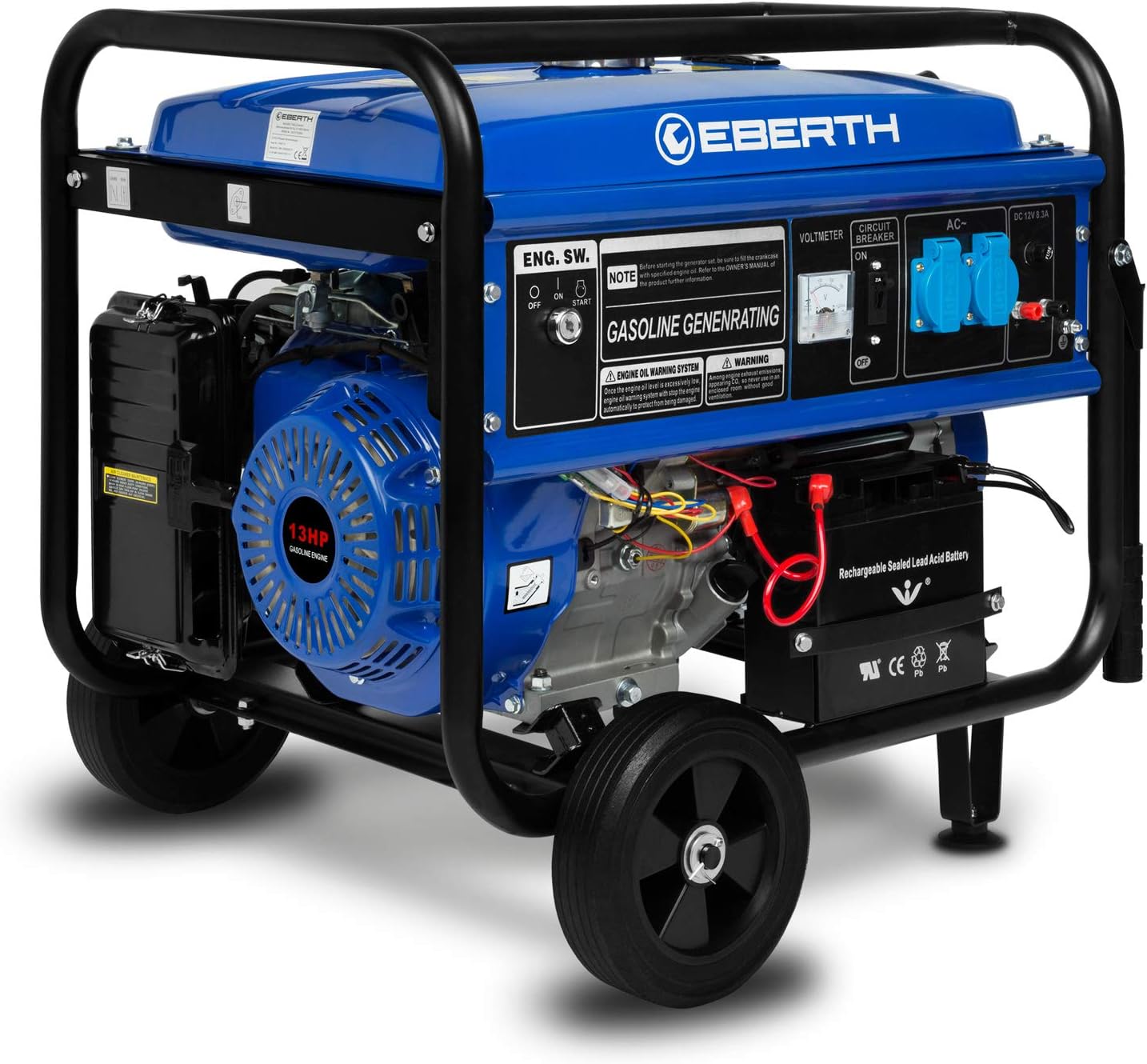 EBERTH 5500 Watt Generatore di corrente portatile Gruppo elettrogeno avviamento elettrico 13 CV Motore a benzina 4T, Monofase, 2x 230V, 1x 12V Regolatore di volt automatico AVR, con ruote