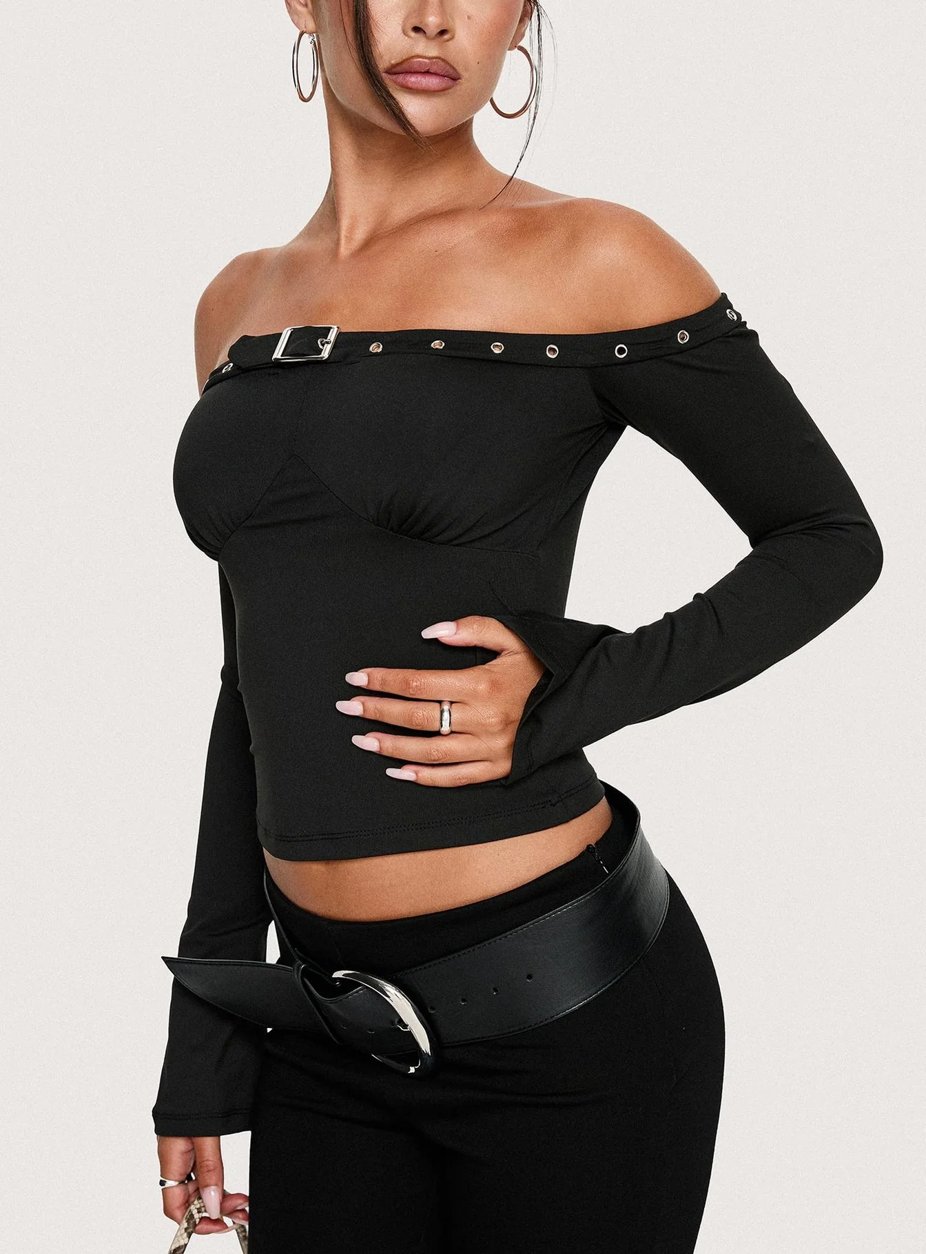 Mansa Off Shoulder Buckle Detail Top Black