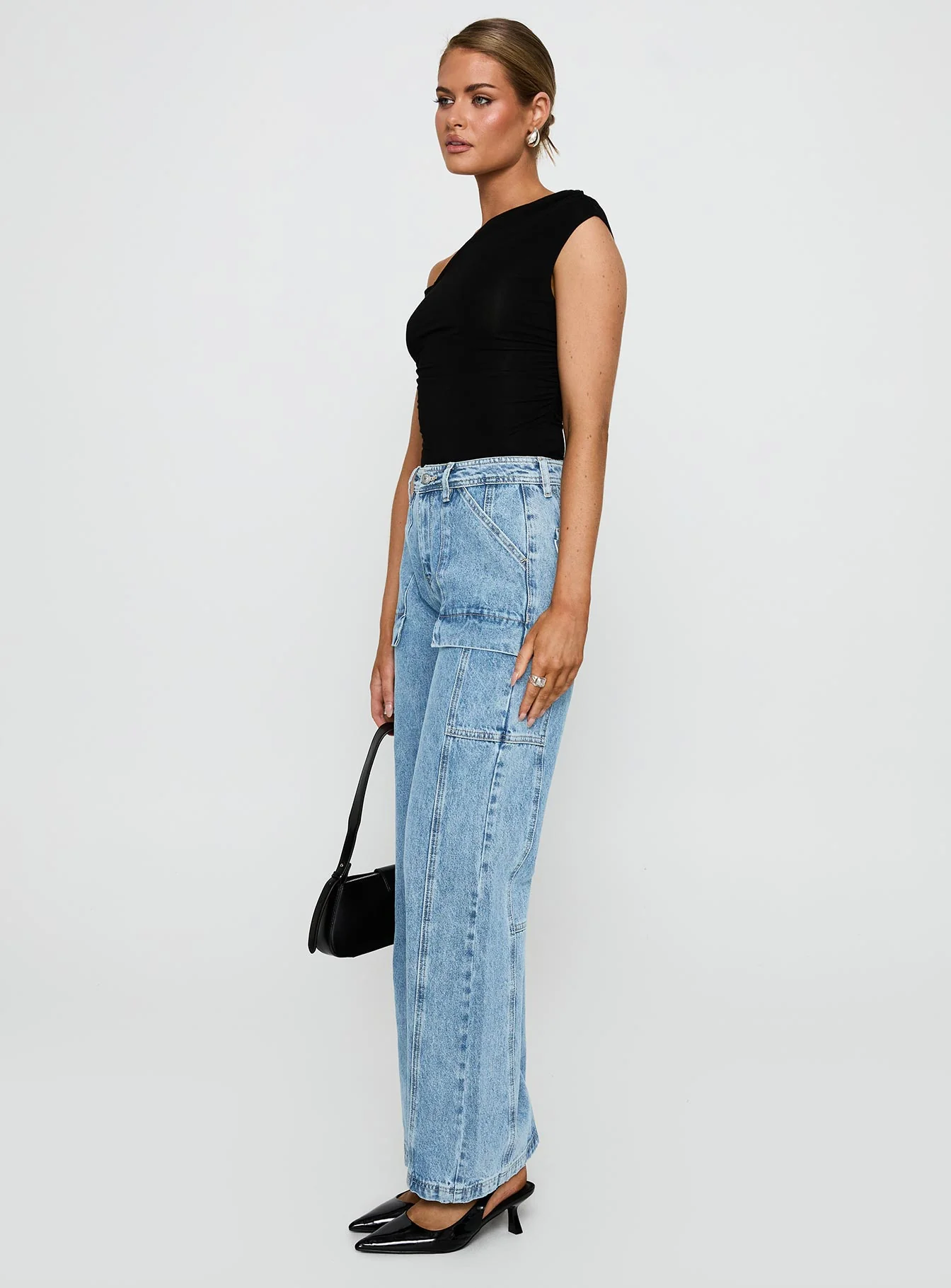 Chad Cargo High Rise Wide Leg Jeans Mid Wash