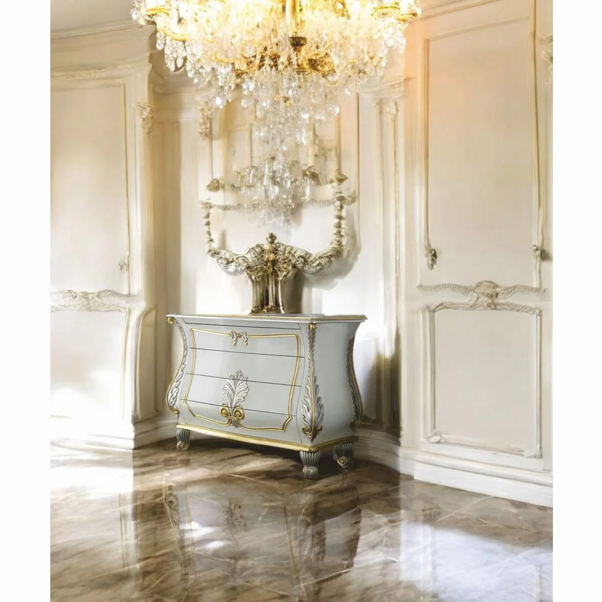 Luxury Baroque chest of drawers white / silver / gold 135 cm - Made in Italy