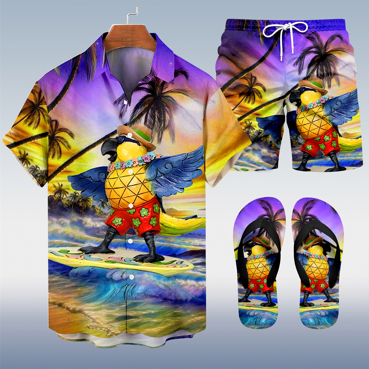 Suitmens Men's Men's Tiki Style Hawaiian Vacation Print Three-Piece Set 033