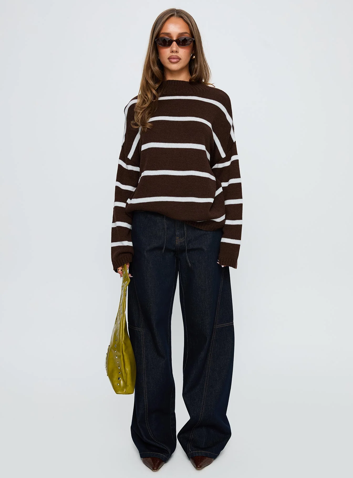 Alara Mock Neck Knit Sweater Brown Stripe