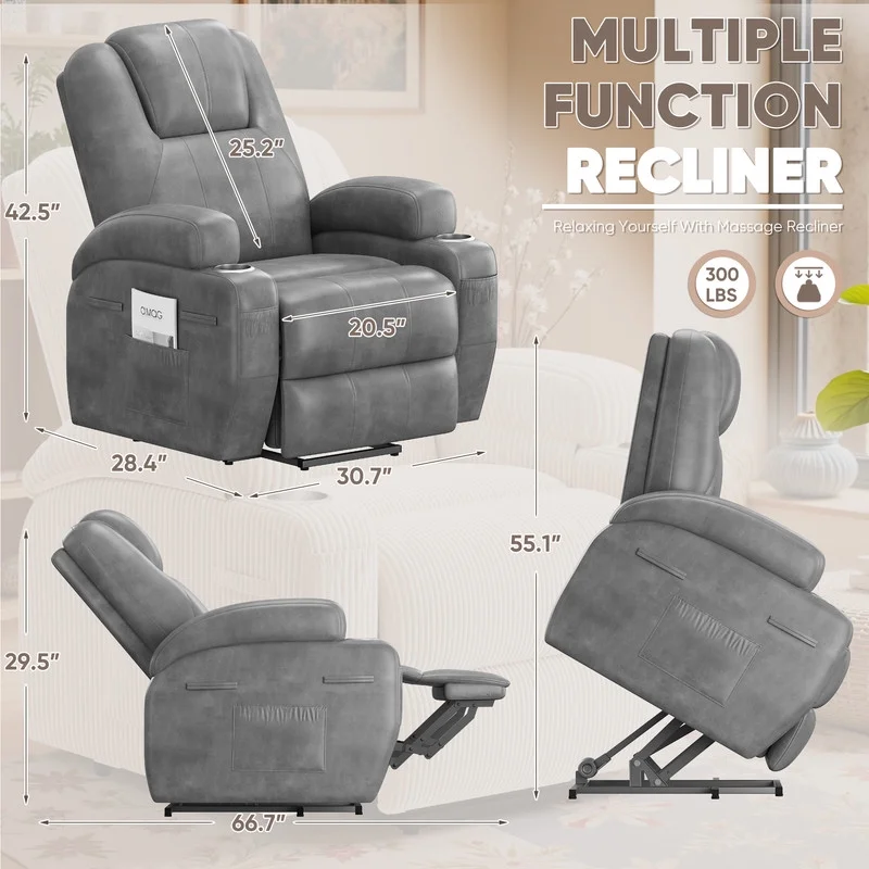 Lacoo Power Lift Electric Massage Recliner Chair Oversized Single Sofa with Cup Holder for Elderly, Black