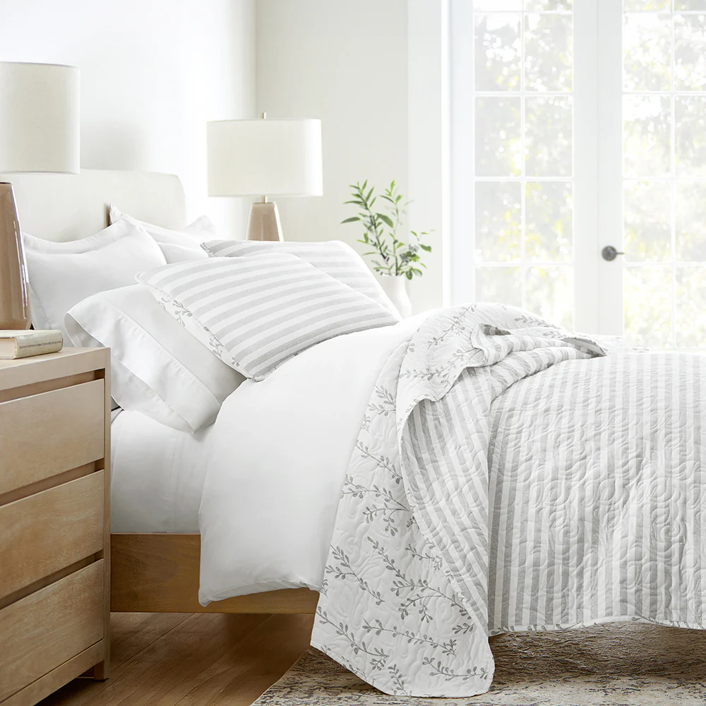 Sprouting Vines Stripe Reversible Quilted Coverlet Set - Sale