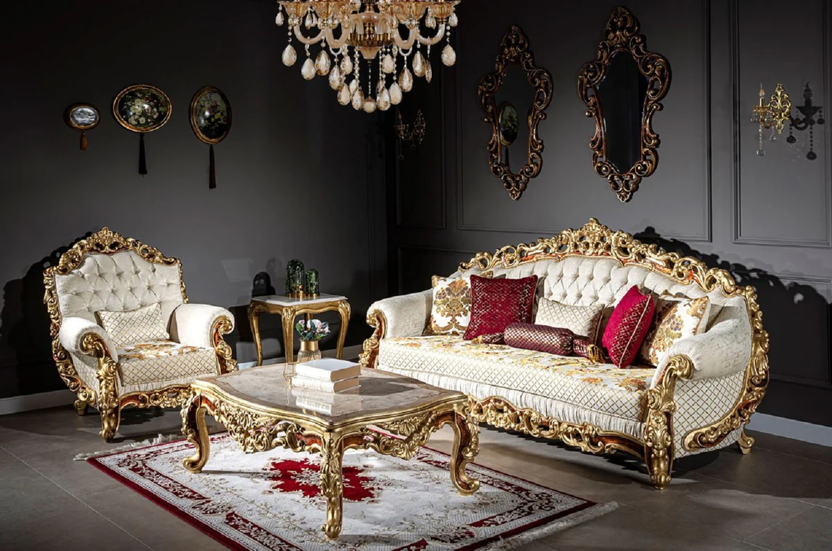 Luxury baroque coffee table beige / cream / gold / brown - magnificent solid wood living room table in baroque style - magnificent baroque furniture