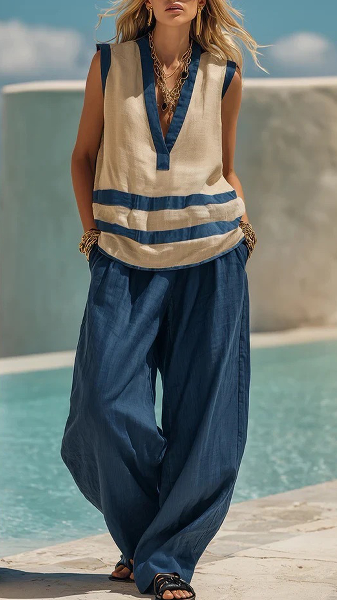 Women's  Color-Block Stripe Cotton-Blend Two-Piece Set - Nordfashionstorm - Women's Clothing, Fashion for You - Nordfashionstorm.com