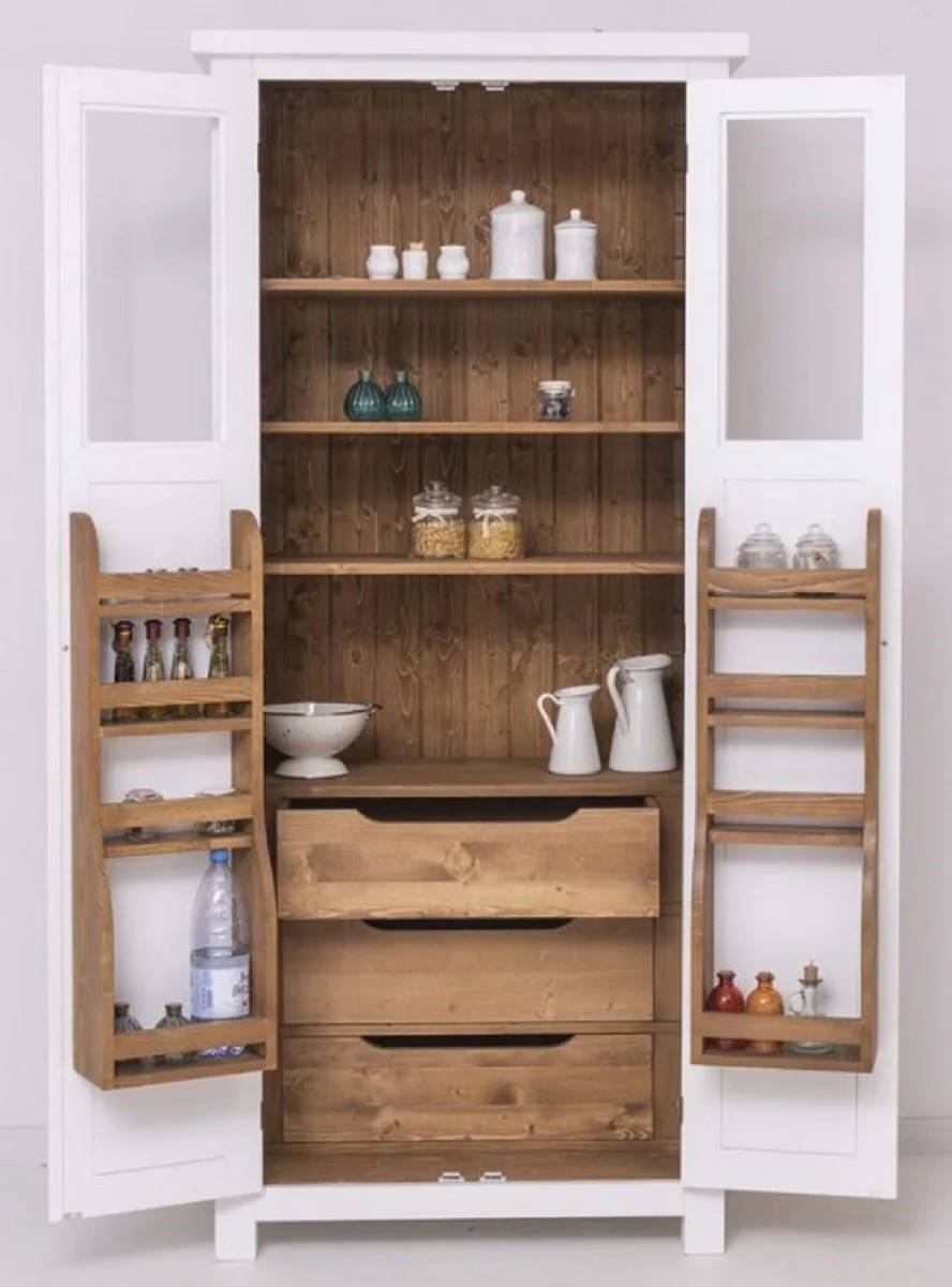 Country house style dining room cabinet white / natural colors 96 x 65 x H. 220 cm - solid wood kitchen cabinet with 2 doors - dining room furniture in country house style - country house style dining room furnishings