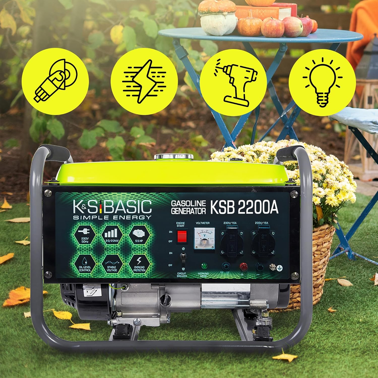 KSB 2200А - Generatore di corrente, motore a benzina a 4 tempi, 5,5 CV, in alluminio, con regolatore automatico di tensione (AVR), 2200 W 16 A, 230 V per uso domestico e ricreativo